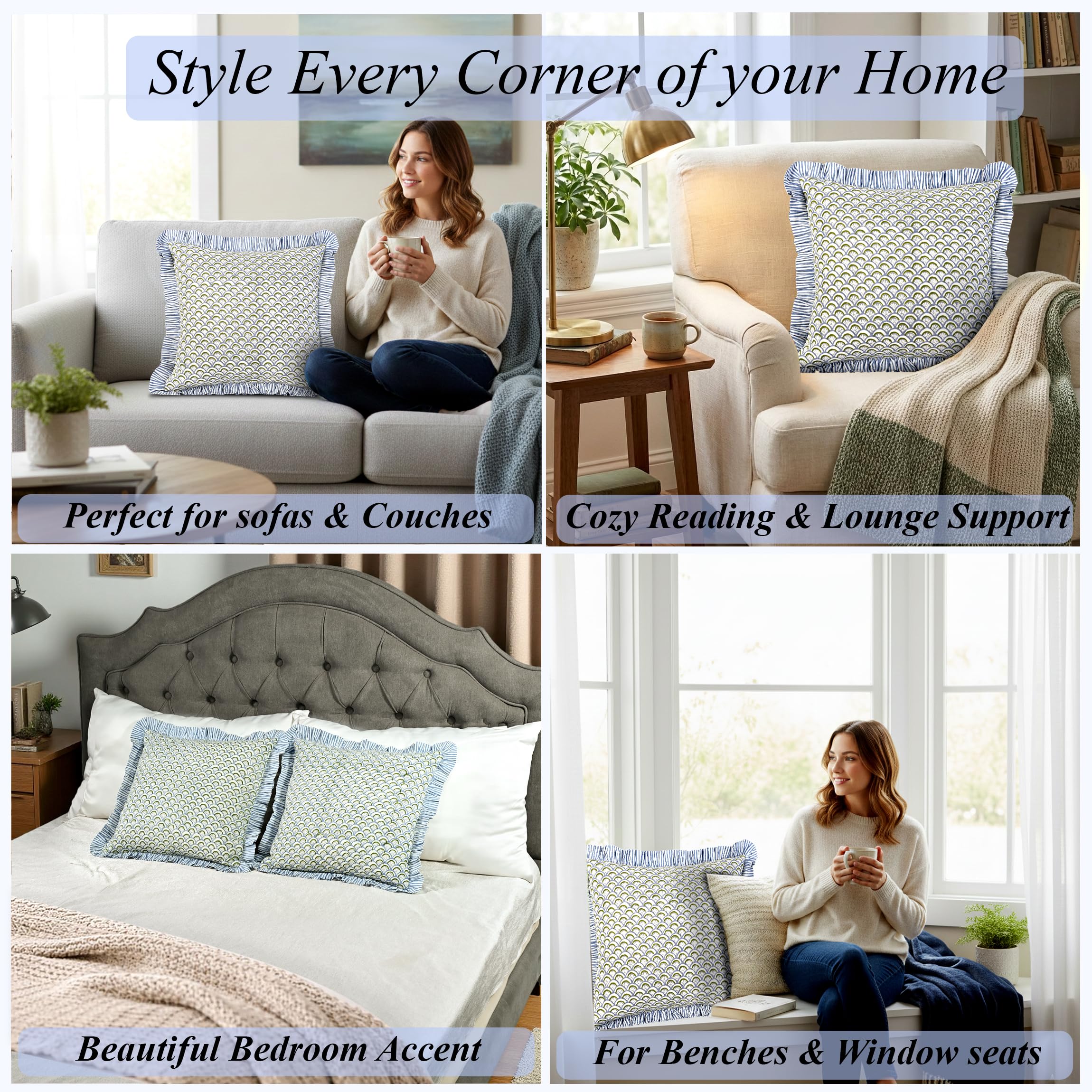 Hand Block Print Cotton Throw Pillow Cover - Hand Fan Harmony