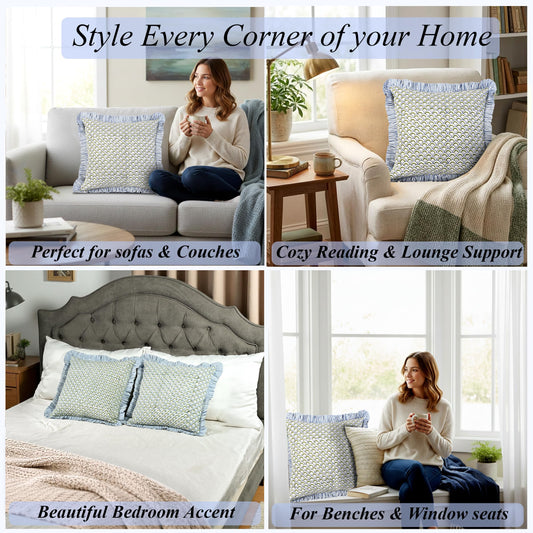 Hand Block Print Cotton Throw Pillow Cover - Hand Fan Harmony