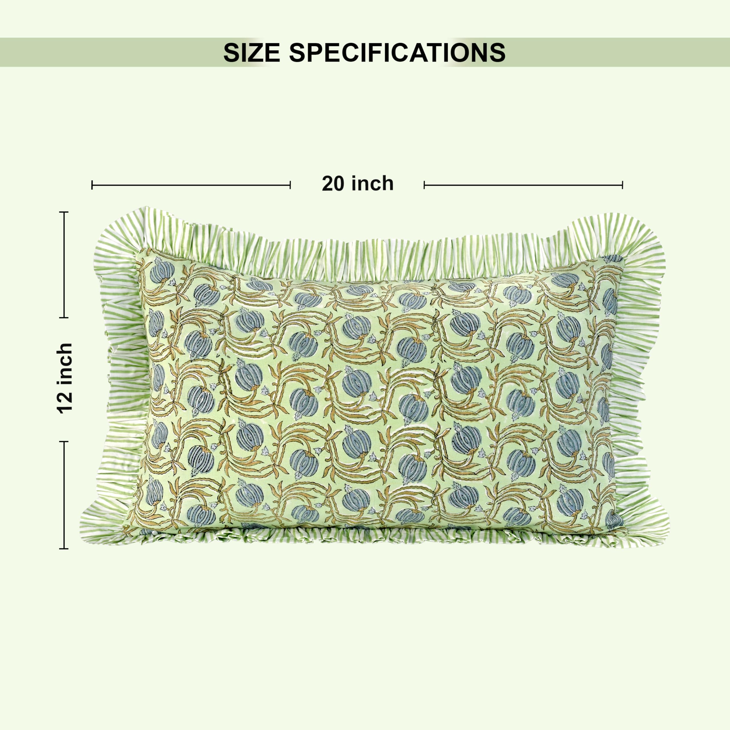 Hand Block Print Cotton Throw Pillow Cover - Apple Green Floral