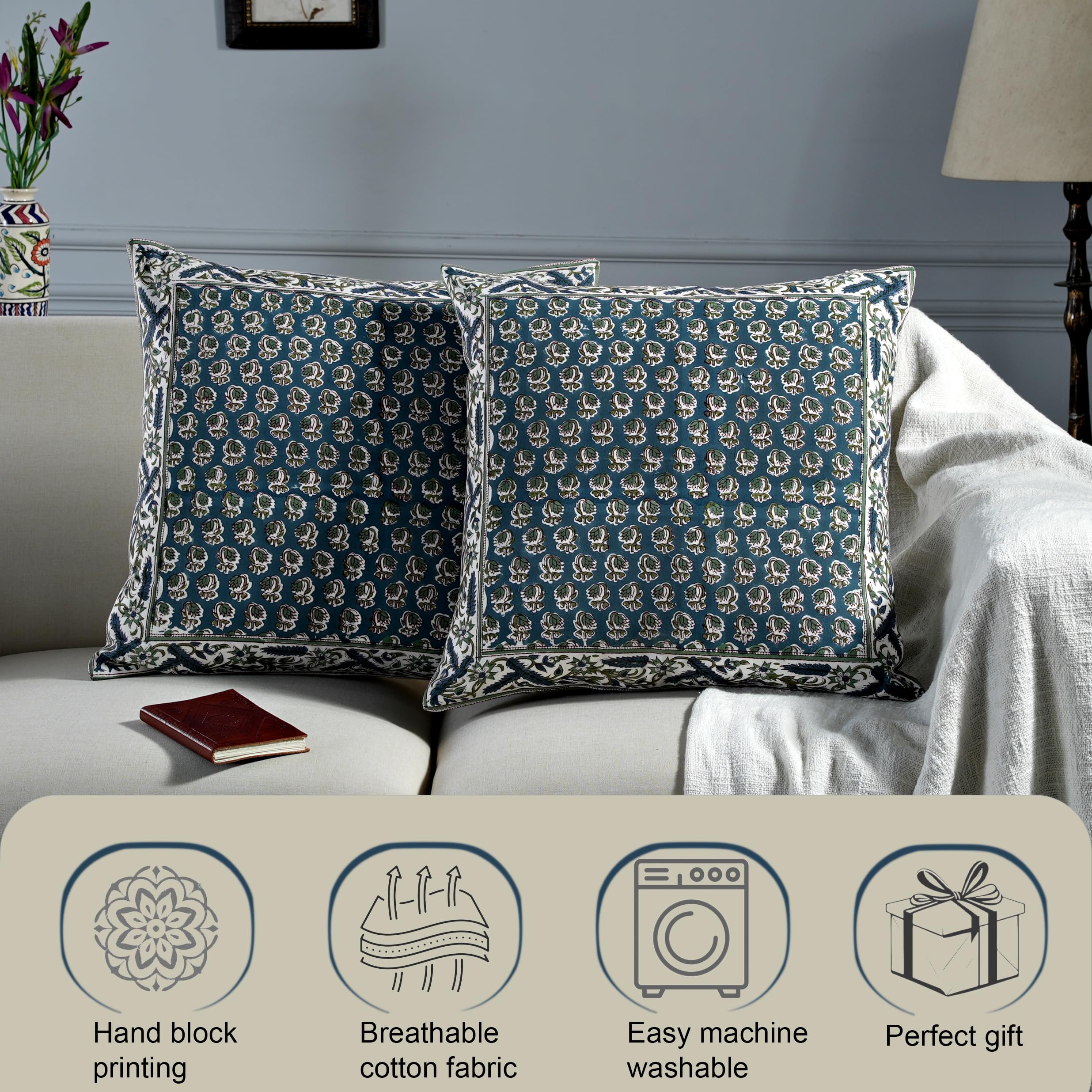 Hand Block Print Cotton Throw Pillow Cover - Peacock Blue