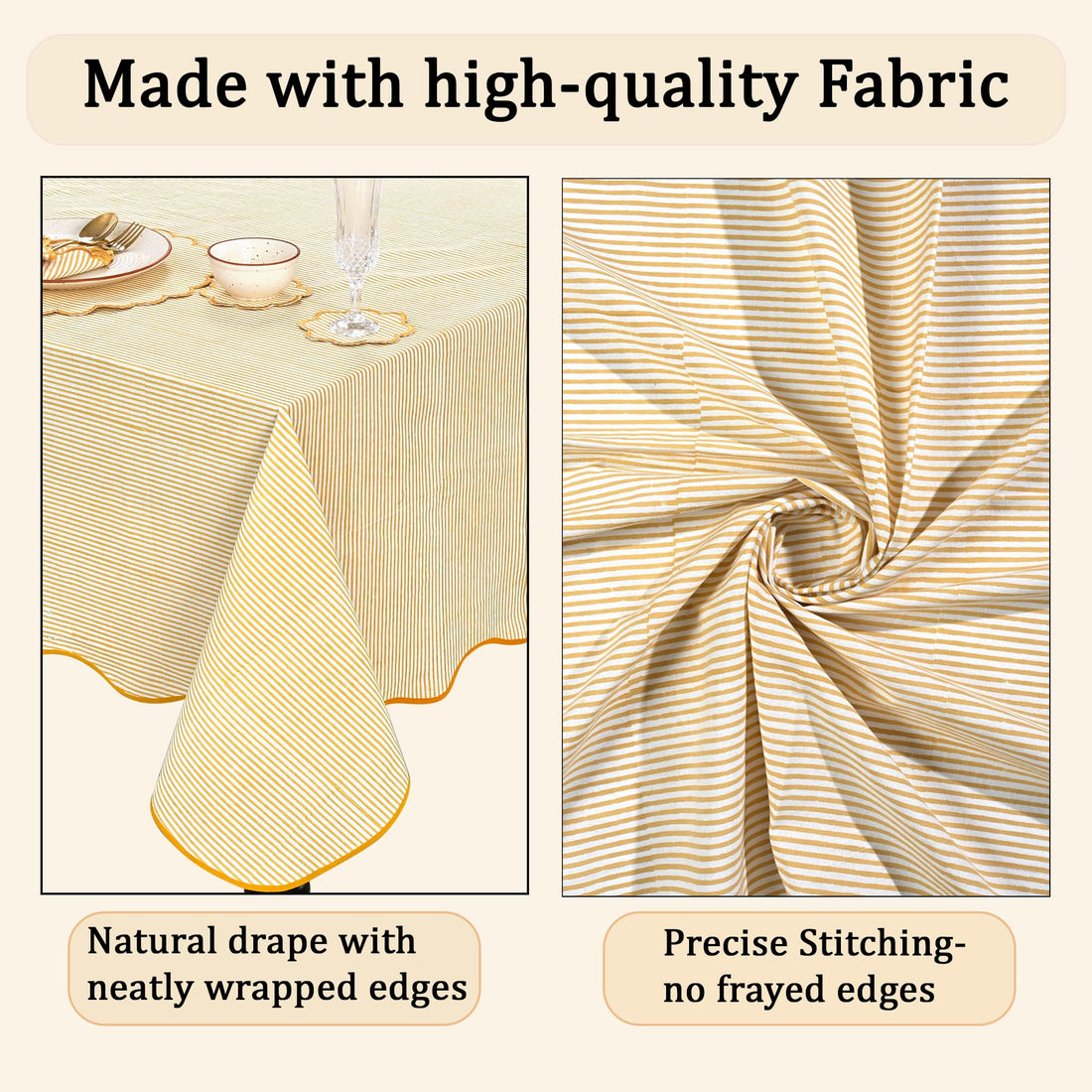 Hand Block Print Cotton Tablecloth - Warm Saffron Yellow Stripe