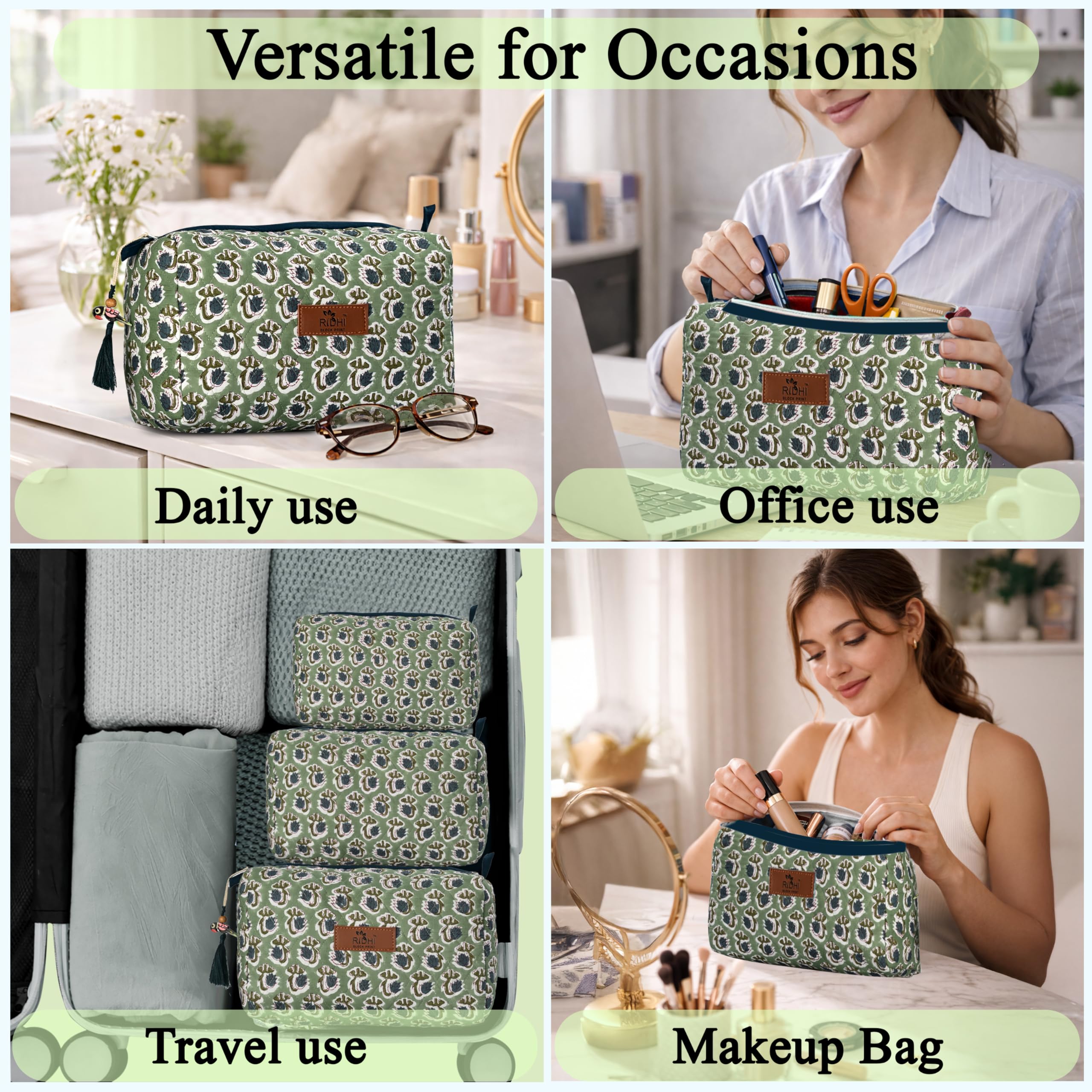 Hand Block Print Cotton Cosmetic Bag - Basil Green