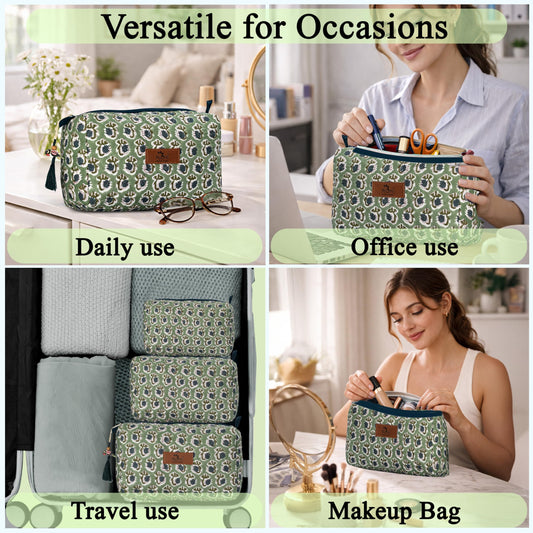 Hand Block Print Cotton Cosmetic Bag - Basil Green