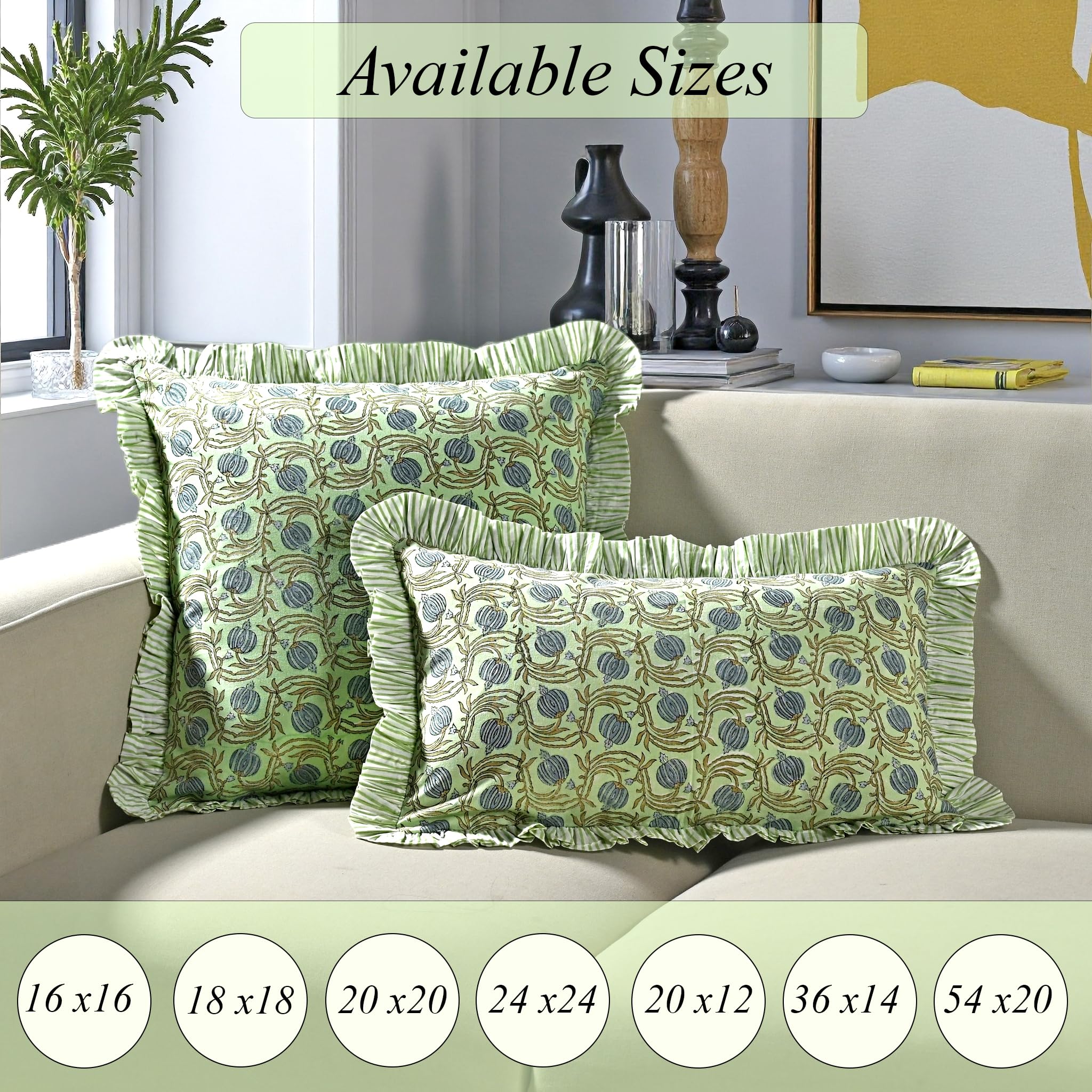 Hand Block Print Cotton Throw Pillow Cover - Apple Green Floral
