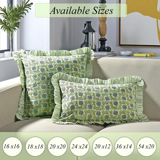 Hand Block Print Cotton Throw Pillow Cover - Apple Green Floral
