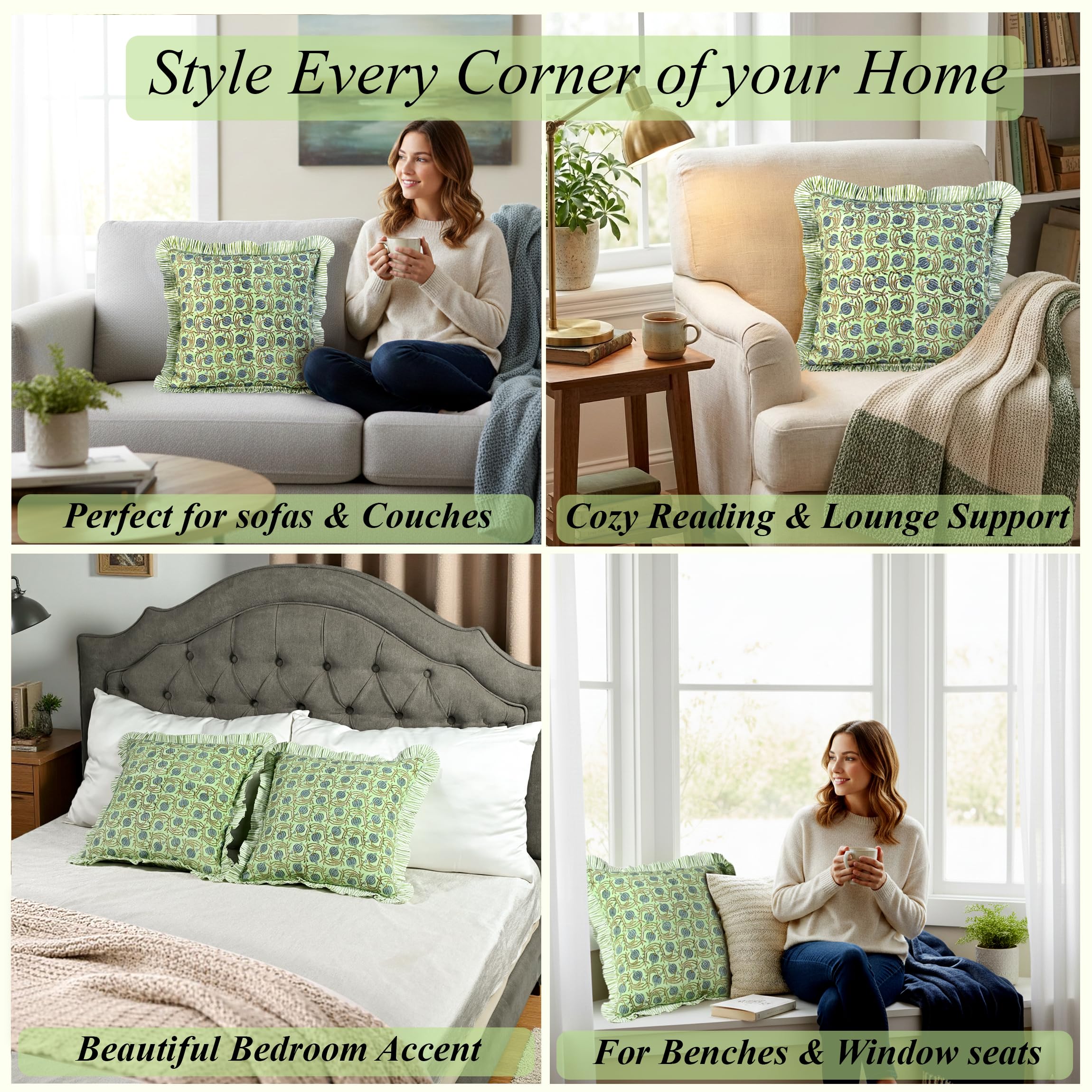 Hand Block Print Cotton Throw Pillow Cover - Apple Green Floral