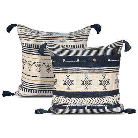 Hand Block Print Cotton Throw Pillow Cover - Off White Navy Gold