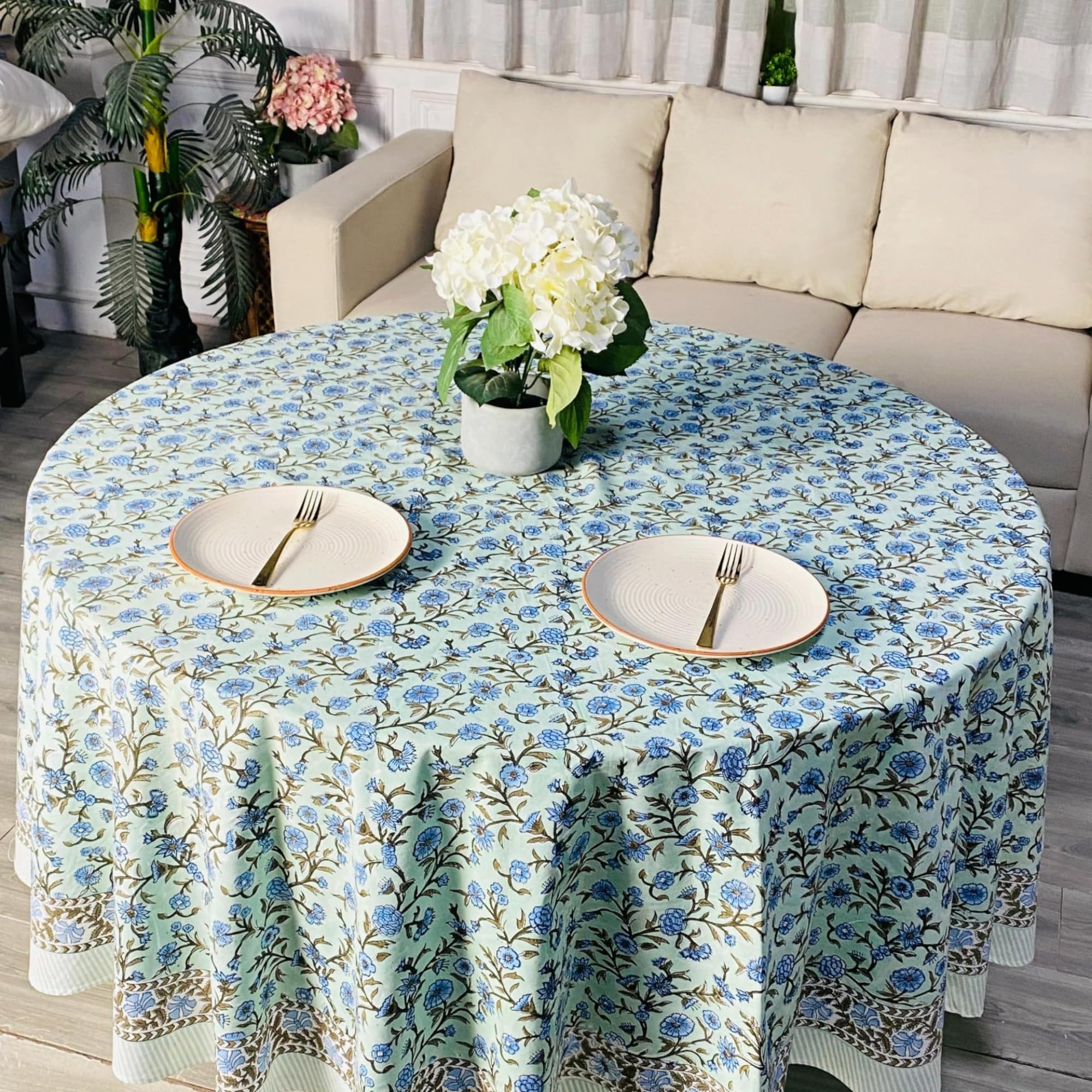 Hand Block Print Cotton Tablecloth - Laurel & Army Green