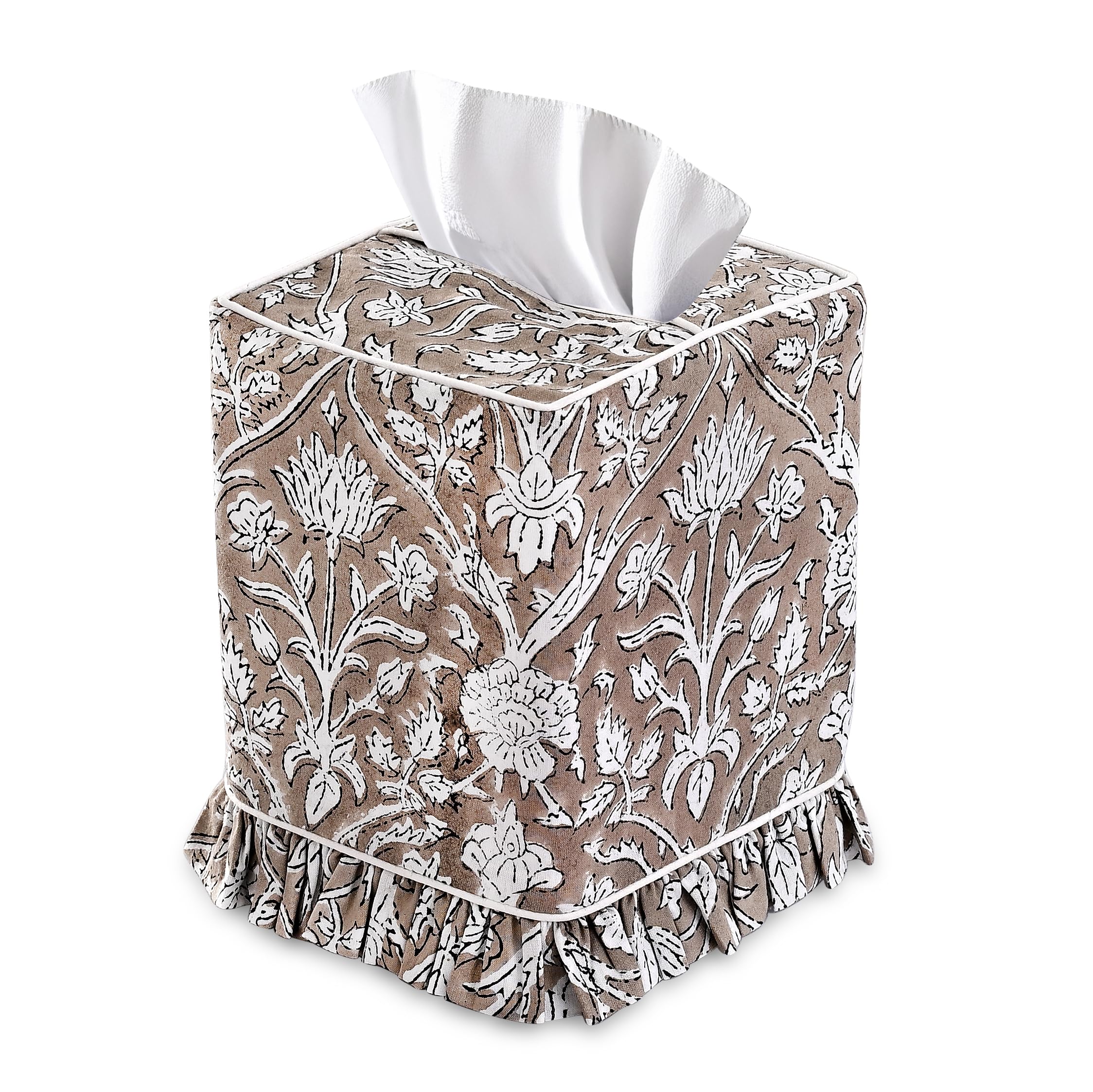 Hand Block Print Cotton Tissue Box Cover - Taupe