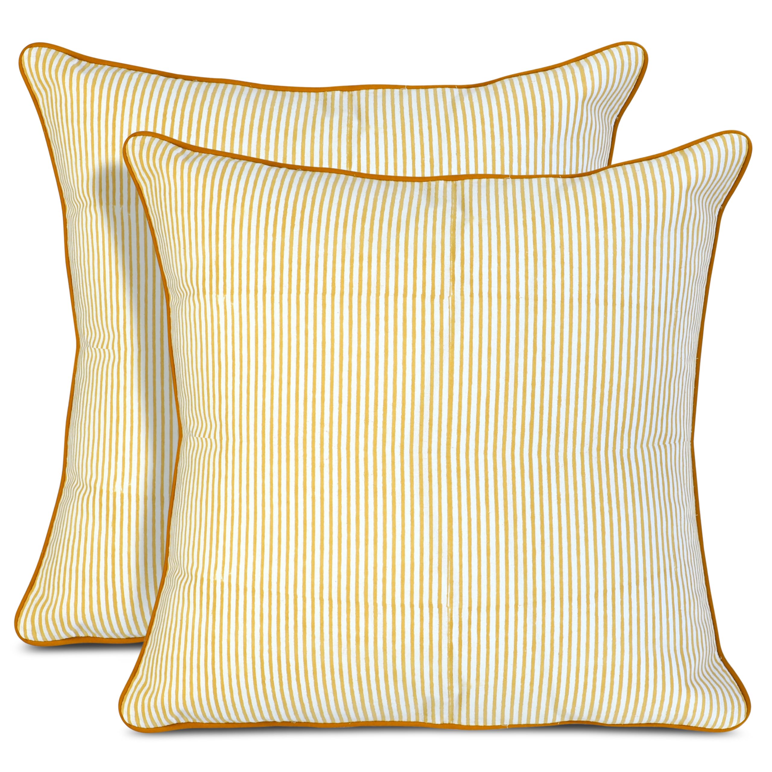 Hand Block Print Cotton Throw Pillow Cover - Yellow Stripe