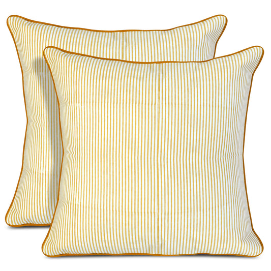 Hand Block Print Cotton Throw Pillow Cover - Yellow Stripe