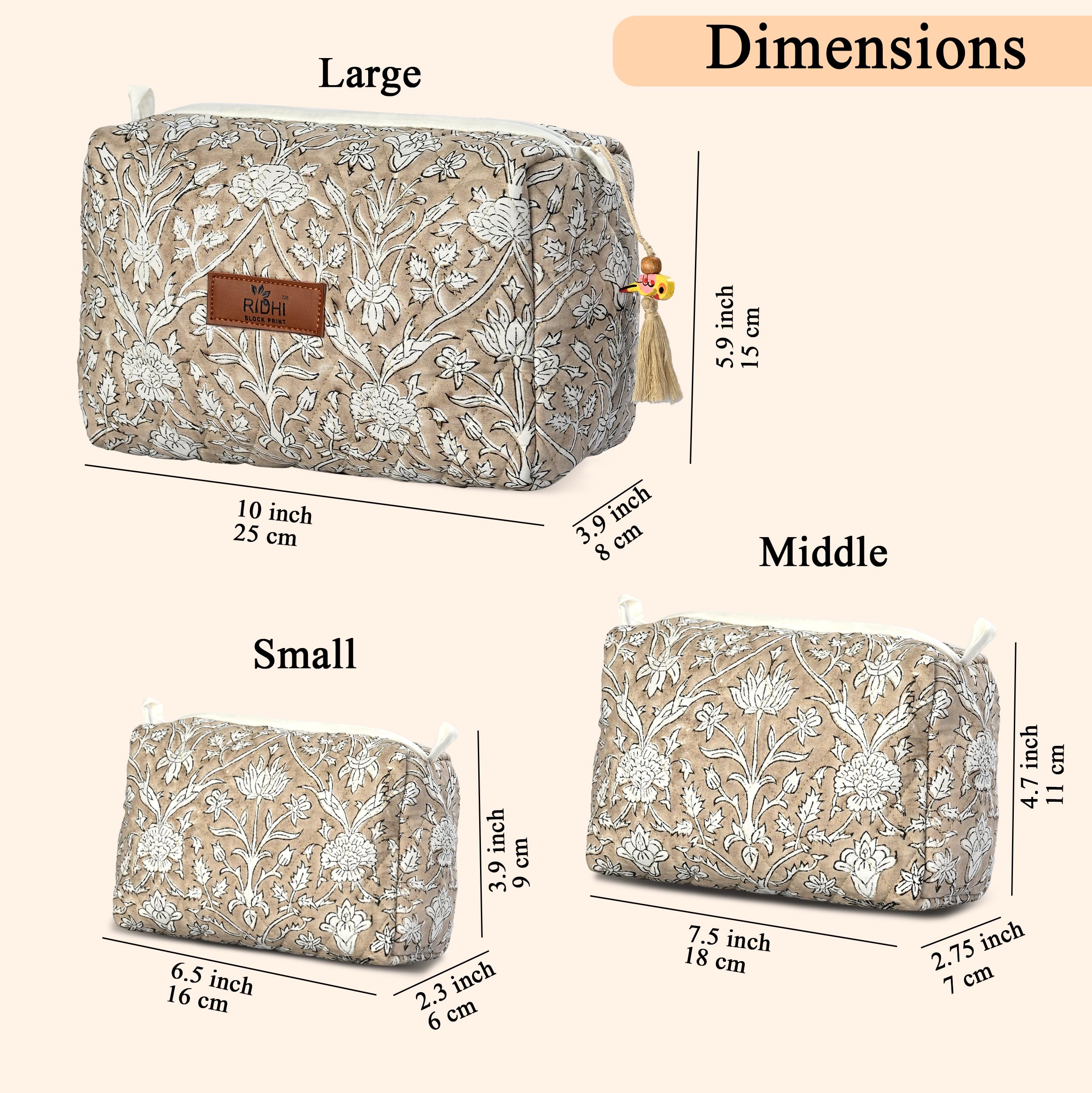 Hand Block Print Cotton Cosmetic Bag - Taupe