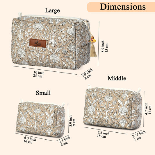 Hand Block Print Cotton Cosmetic Bag - Taupe