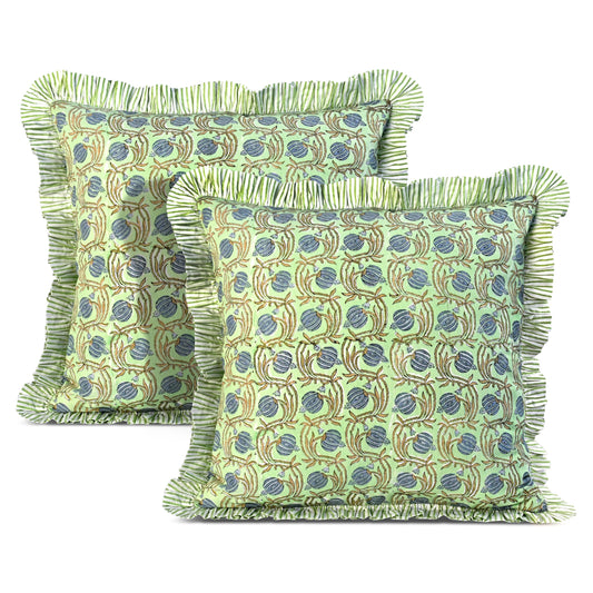 Hand Block Print Cotton Throw Pillow Cover - Apple Green Floral