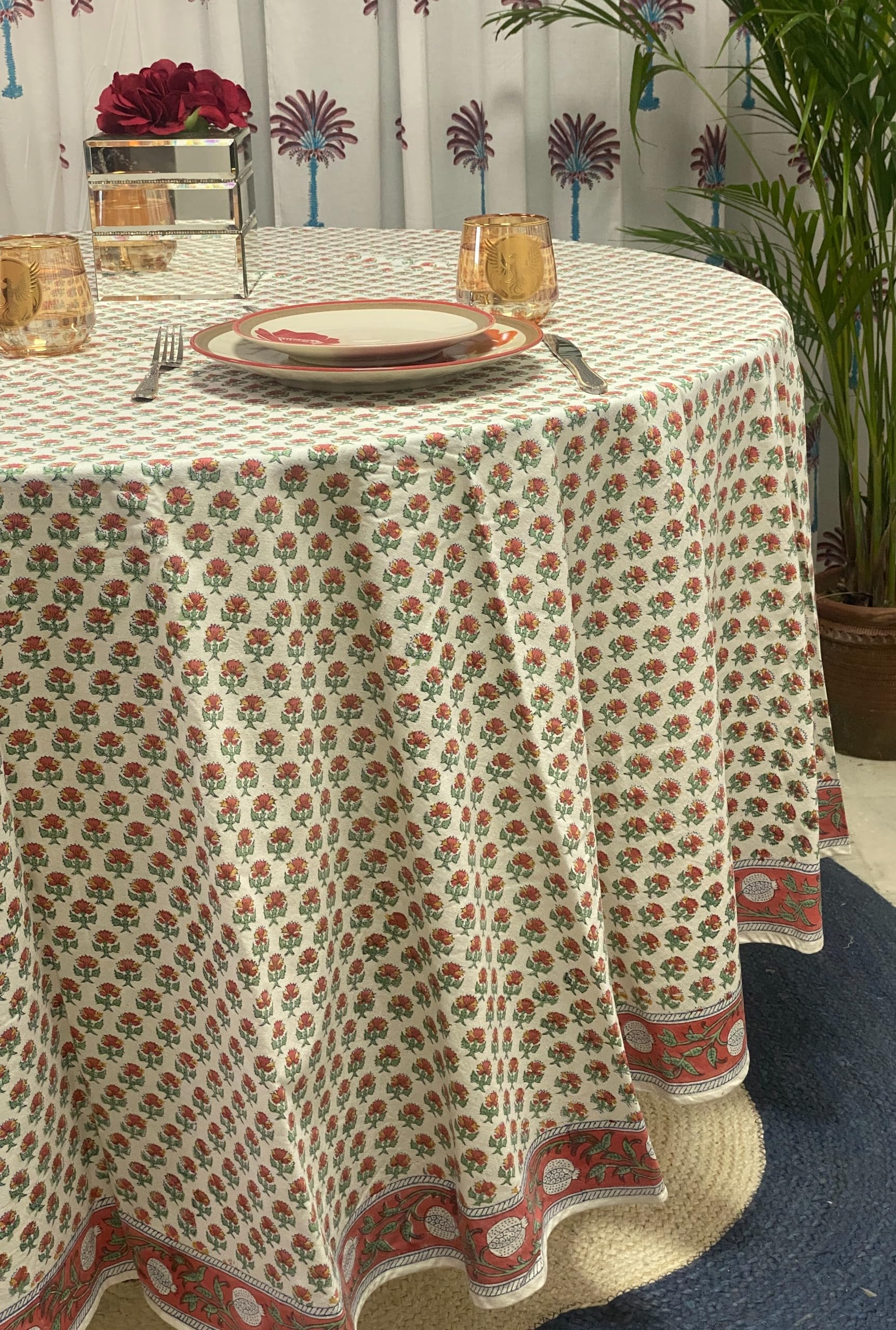 Hand Block Print Cotton Tablecloth - Meca Orange