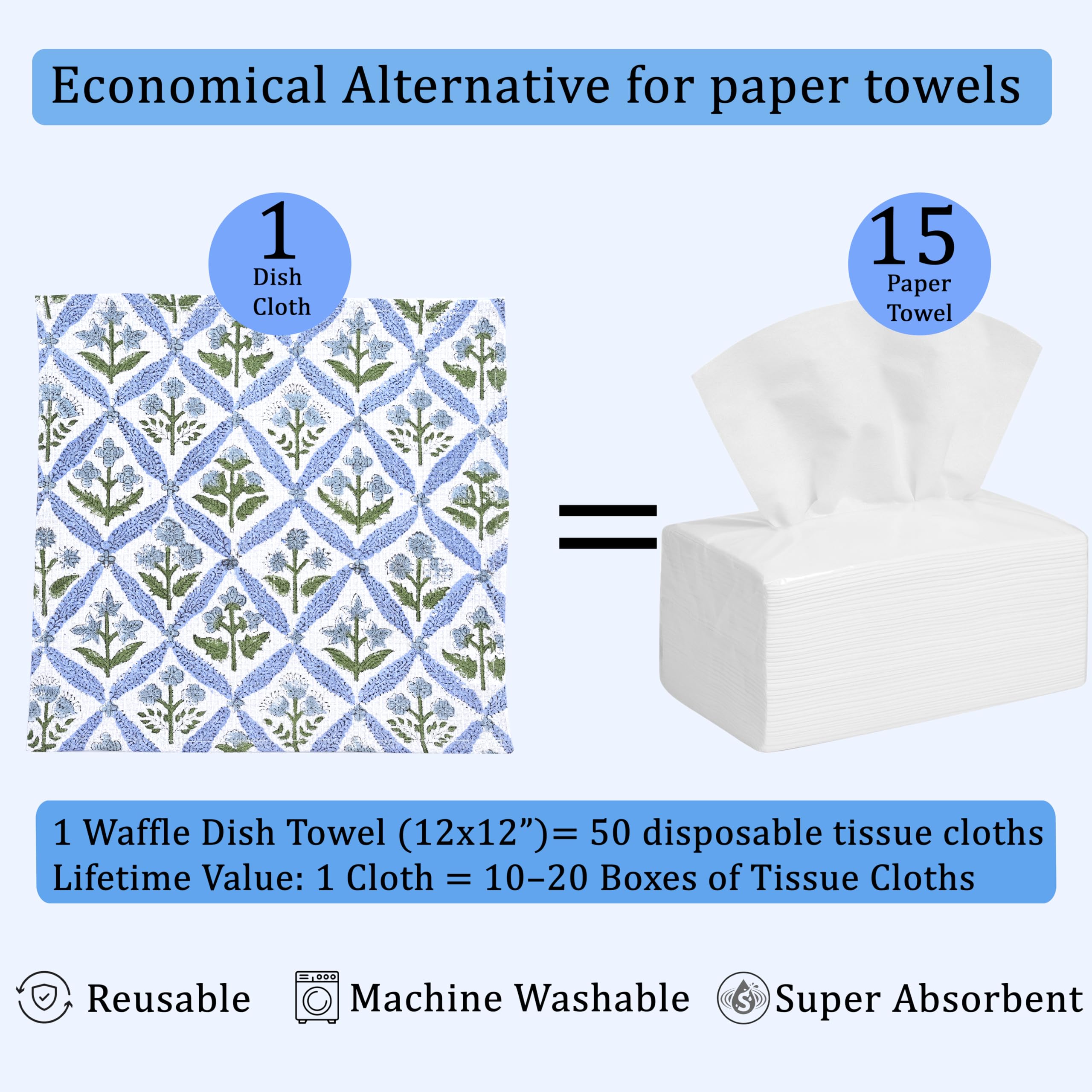 Hand Block Print Cotton Kitchen Towel - Light Steel Blue