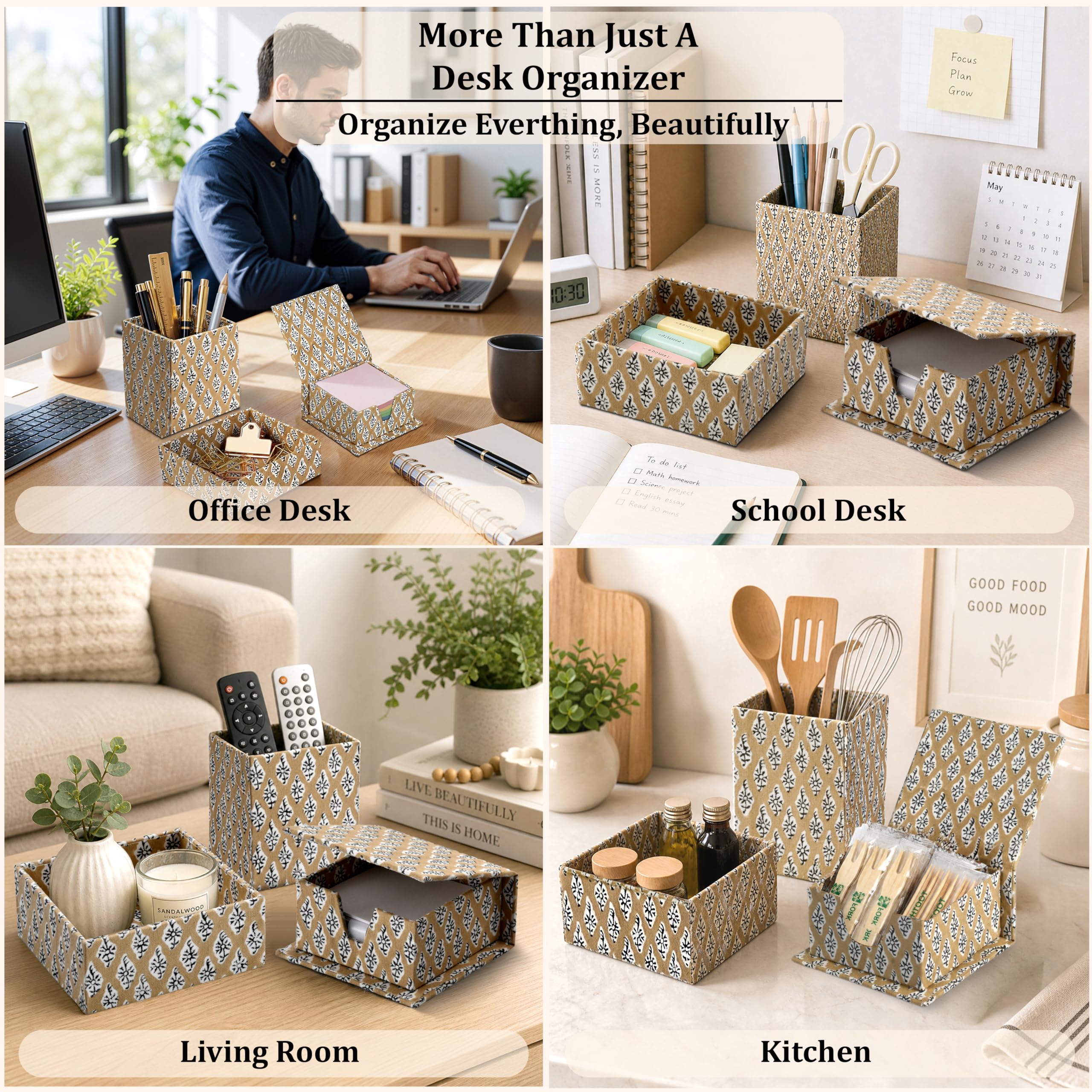 Hand Block Print Cotton Desk Organizer - Fullers Earth Powder