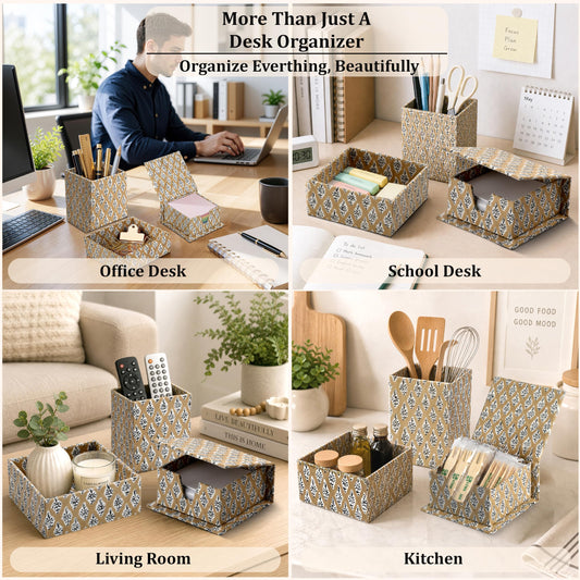 Hand Block Print Cotton Desk Organizer - Fullers Earth Powder
