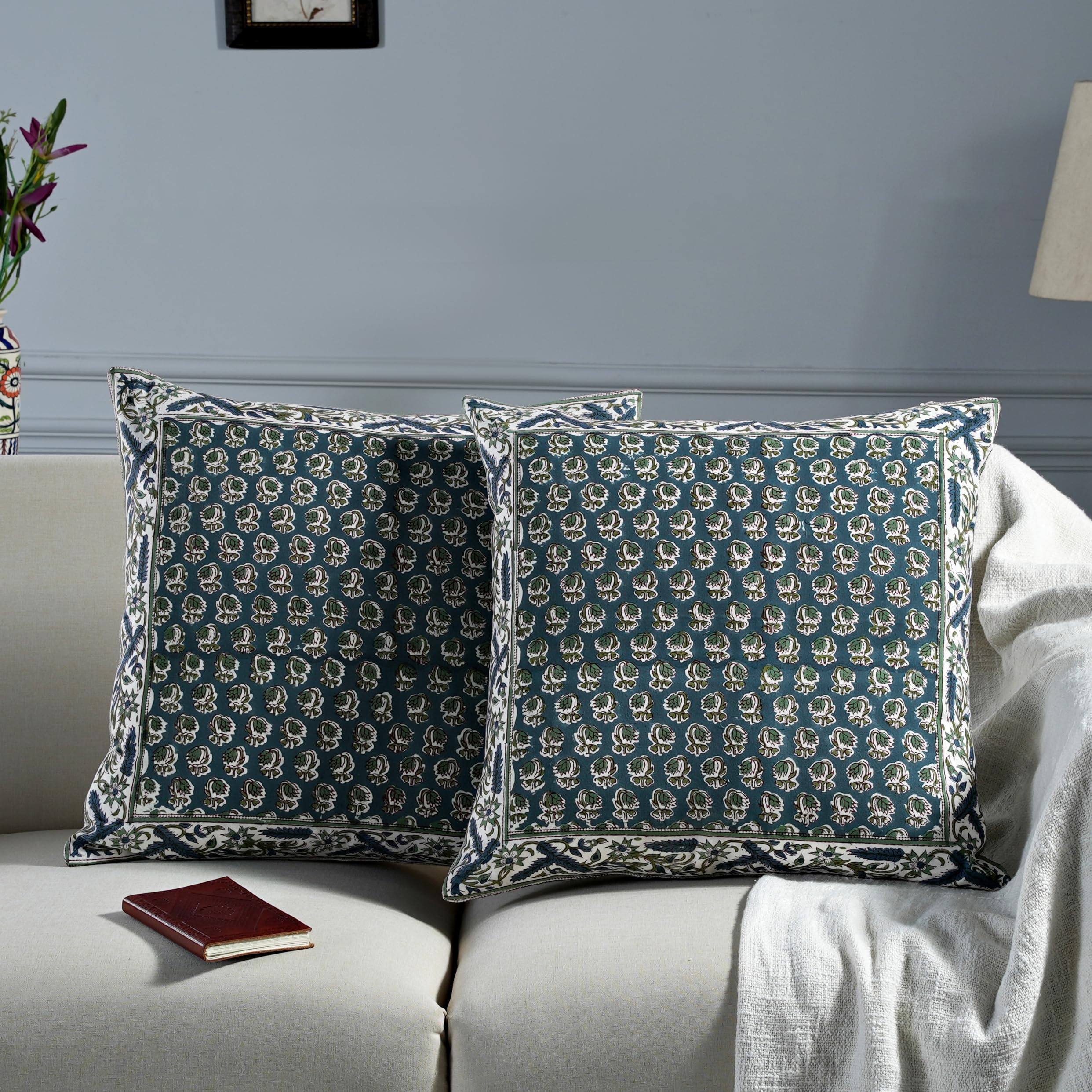 Hand Block Print Cotton Throw Pillow Cover - Peacock Blue