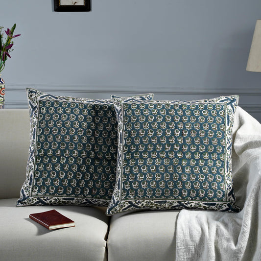 Hand Block Print Cotton Throw Pillow Cover - Peacock Blue