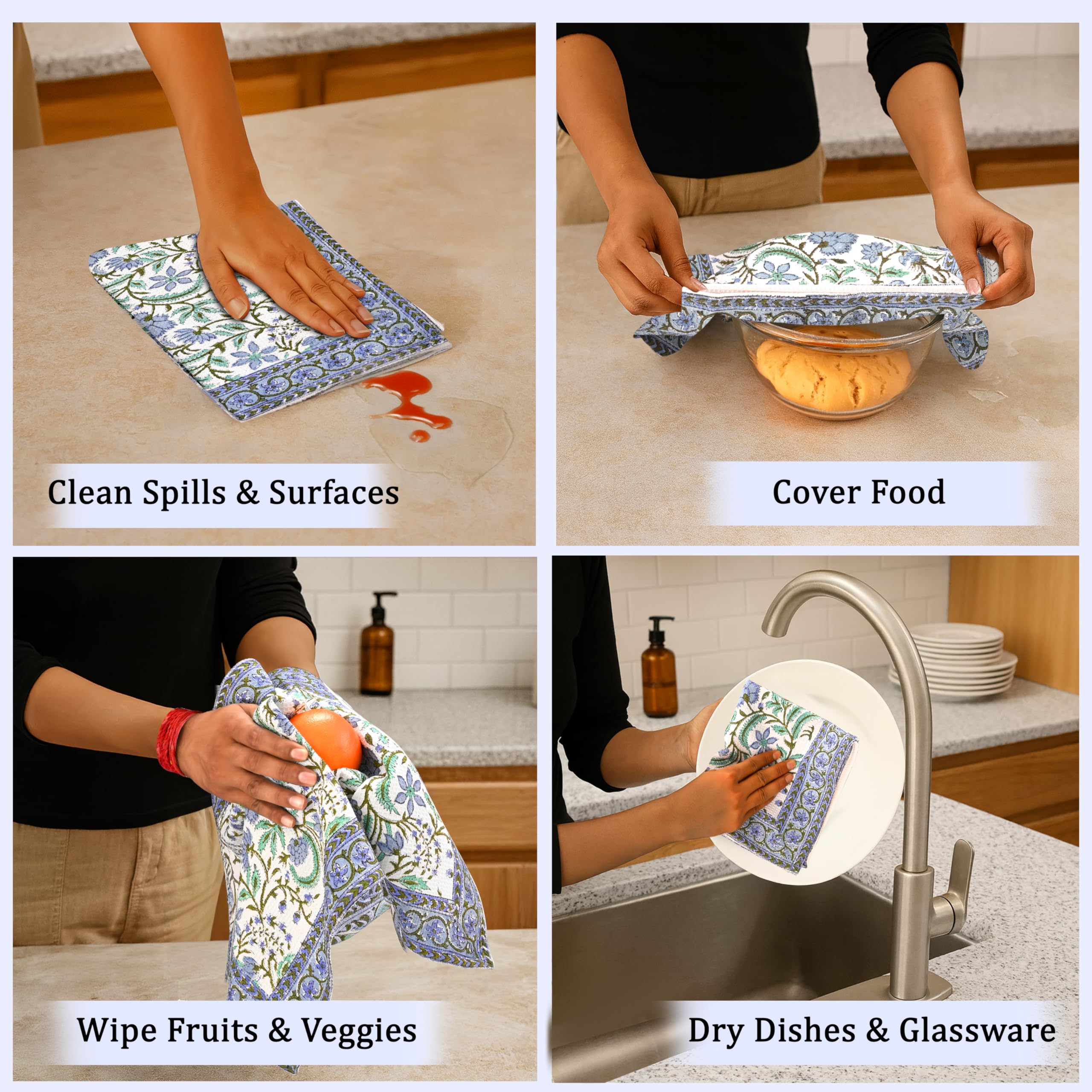 Hand Block Print Cotton Kitchen Towel - Columbia Blue