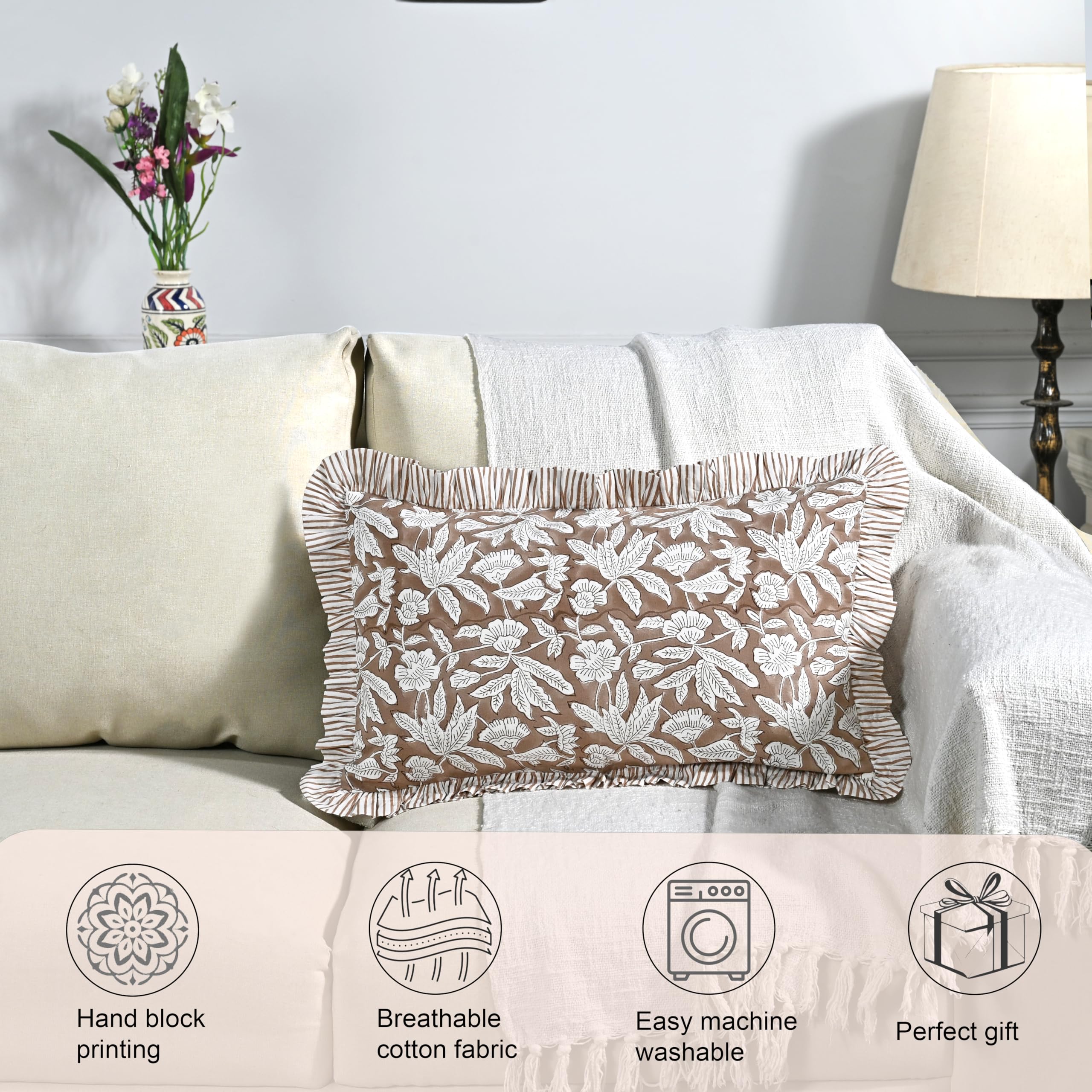 Hand Block Print Cotton Throw Pillow Cover - Oak Brown