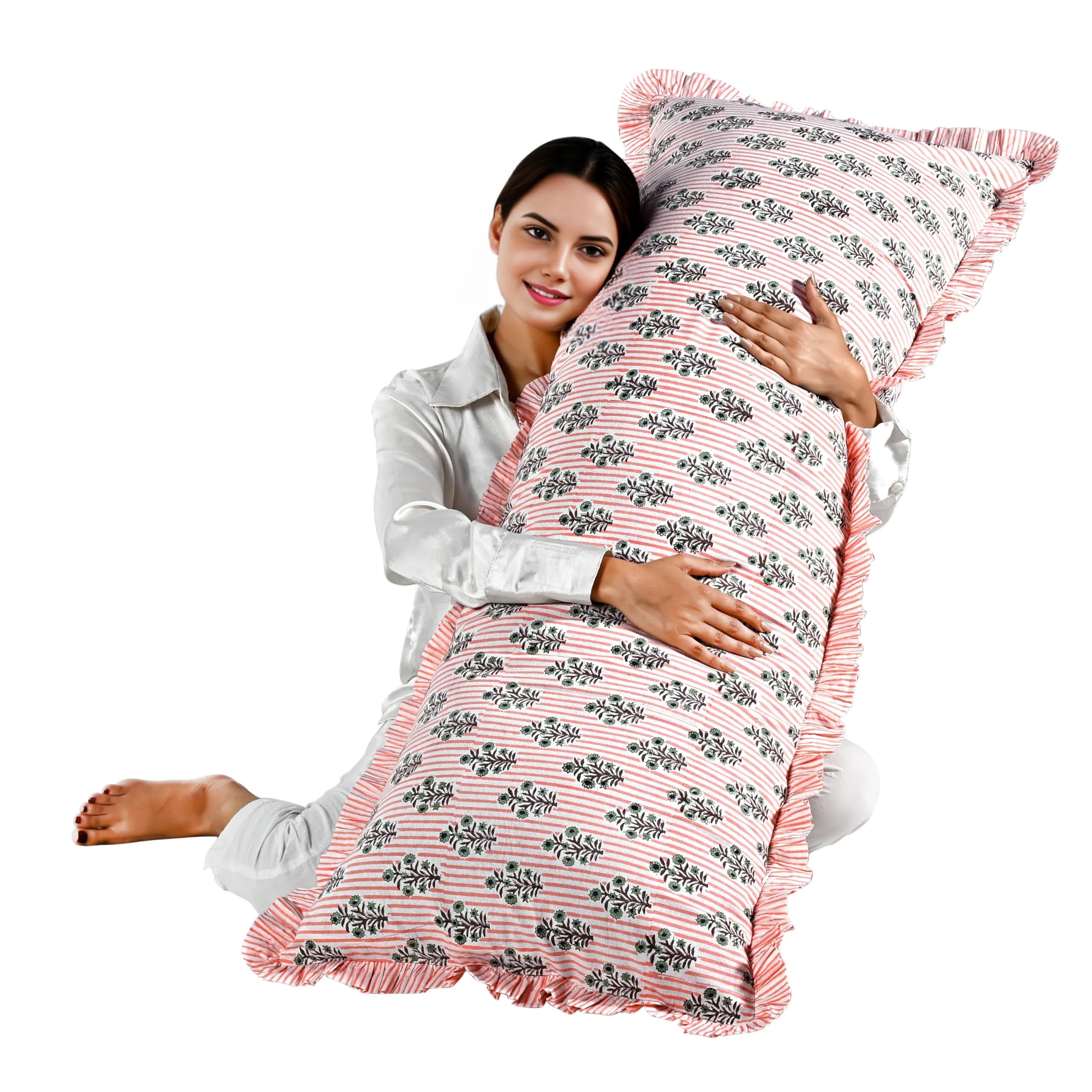 Hand Block Print Cotton Throw Pillow Cover - Salmon Blossom
