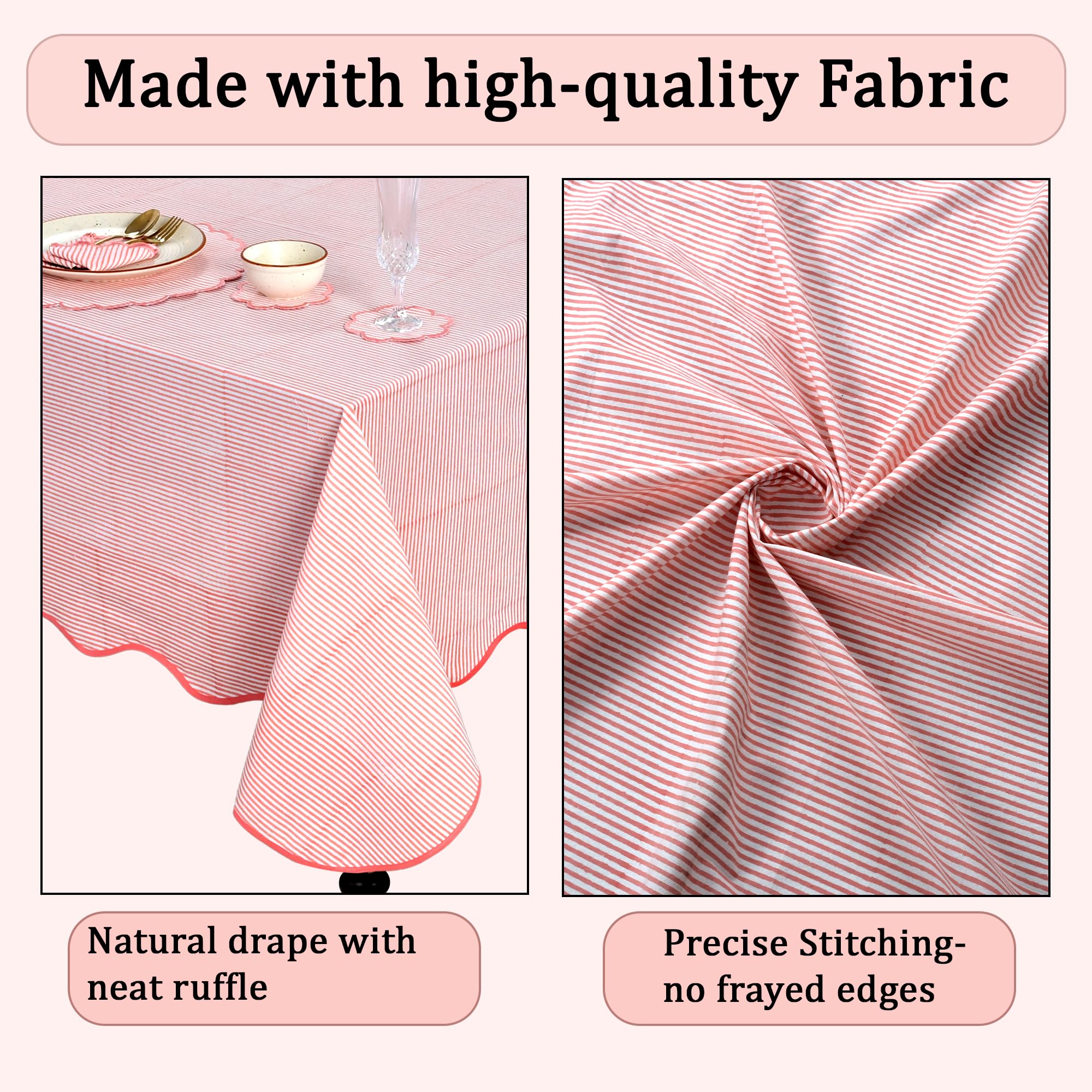 Hand Block Print Cotton Tablecloth - Blush Coral Stripe