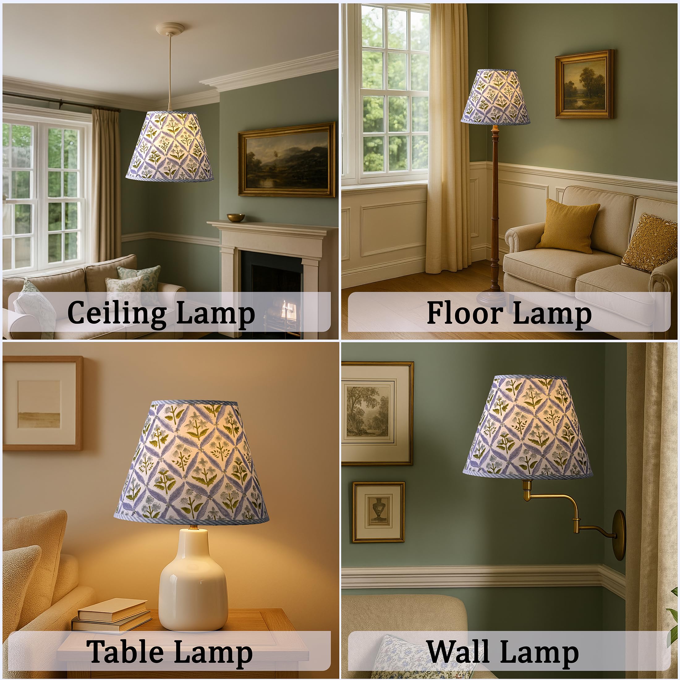 Hand Block Print Cotton Lampshade - Light Steel Blue
