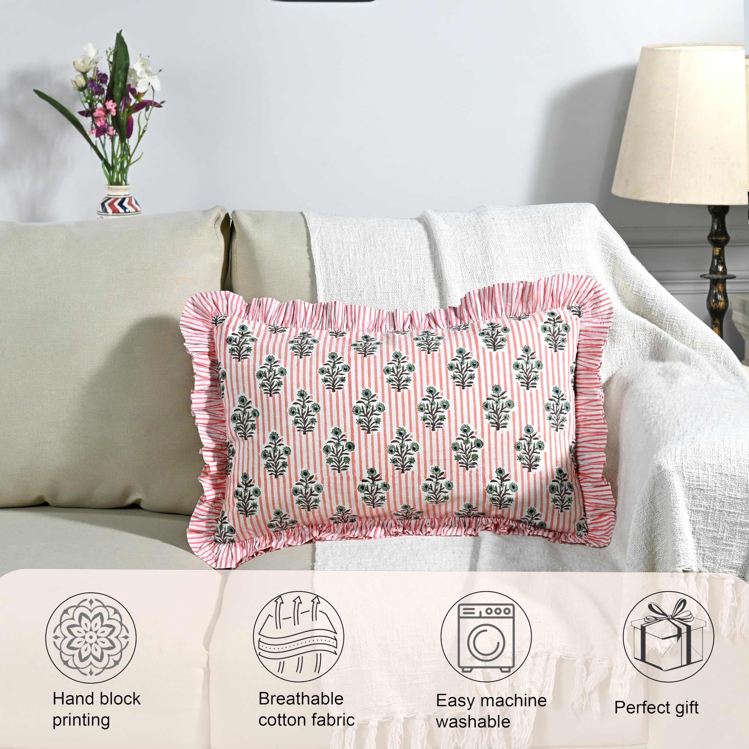 Hand Block Print Cotton Throw Pillow Cover - Salmon Blossom