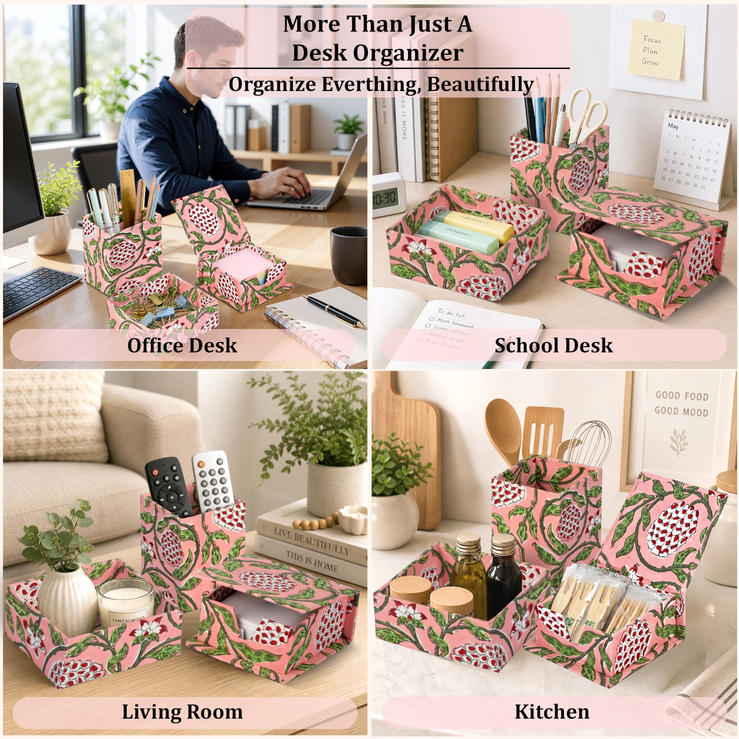 Hand Block Print Cotton Desk Organizer - Strawberry Pink