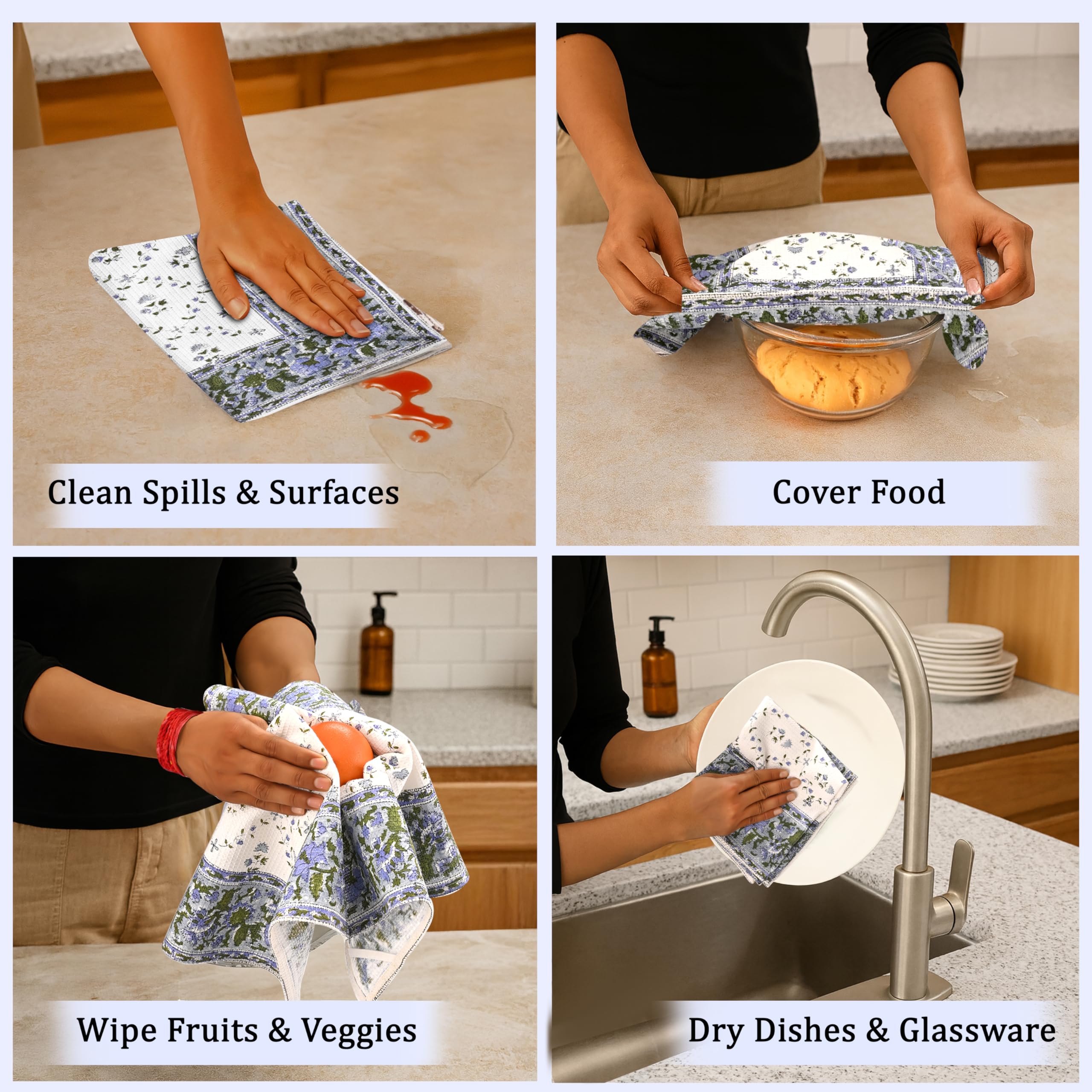 Hand Block Print Cotton Kitchen Towel - Powder Blue