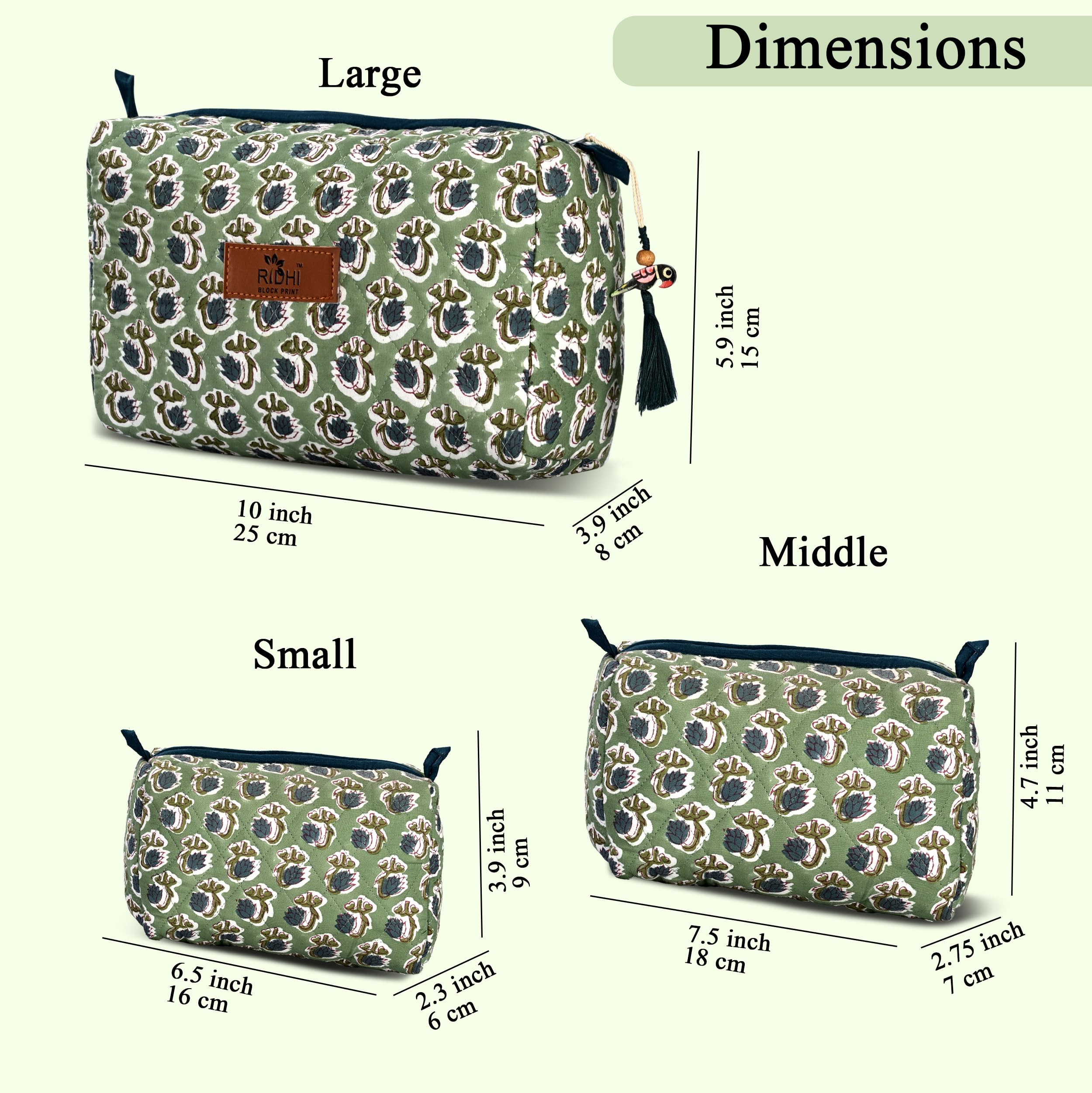 Hand Block Print Cotton Cosmetic Bag - Basil Green