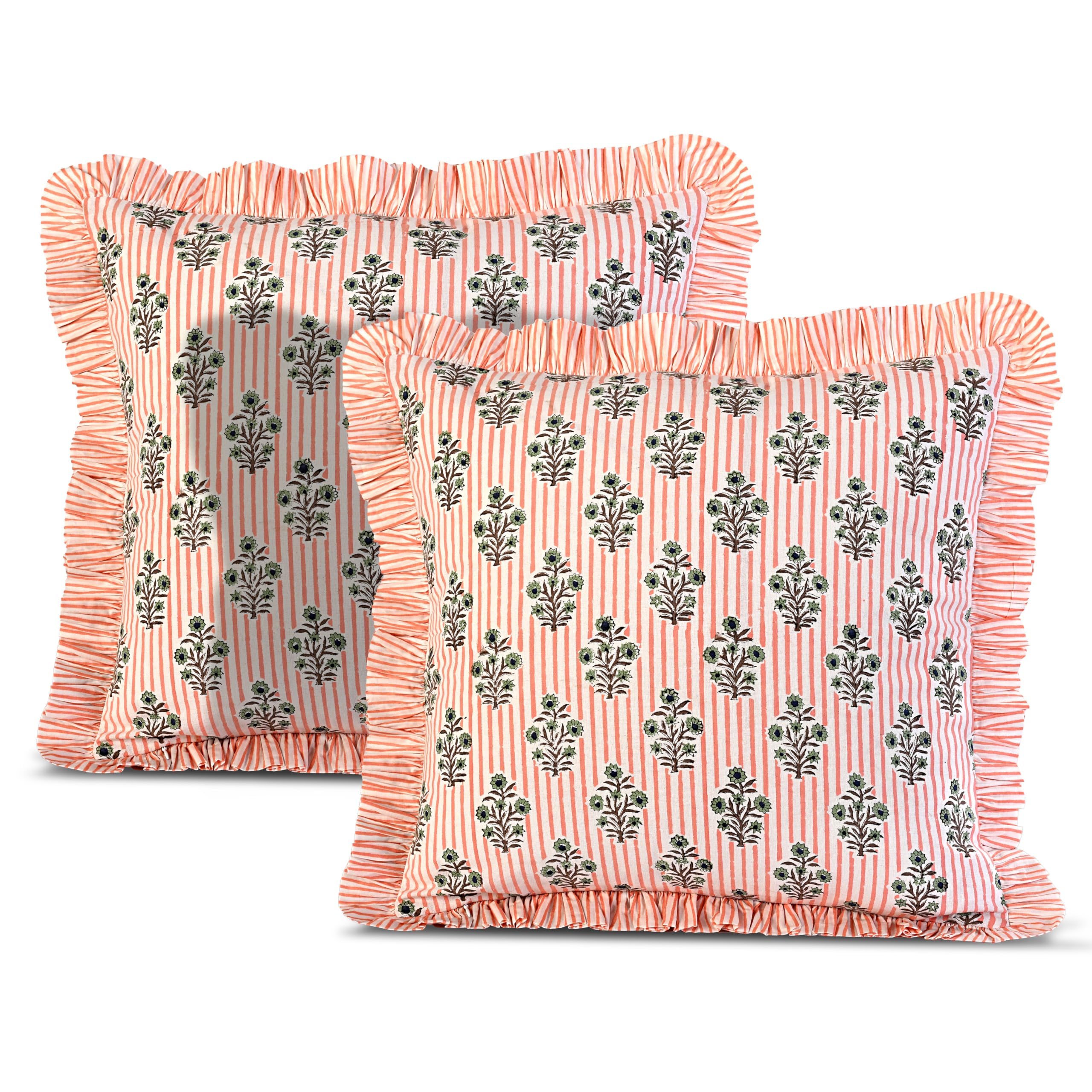 Hand Block Print Cotton Throw Pillow Cover - Salmon Blossom