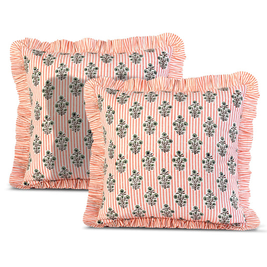 Hand Block Print Cotton Throw Pillow Cover - Salmon Blossom