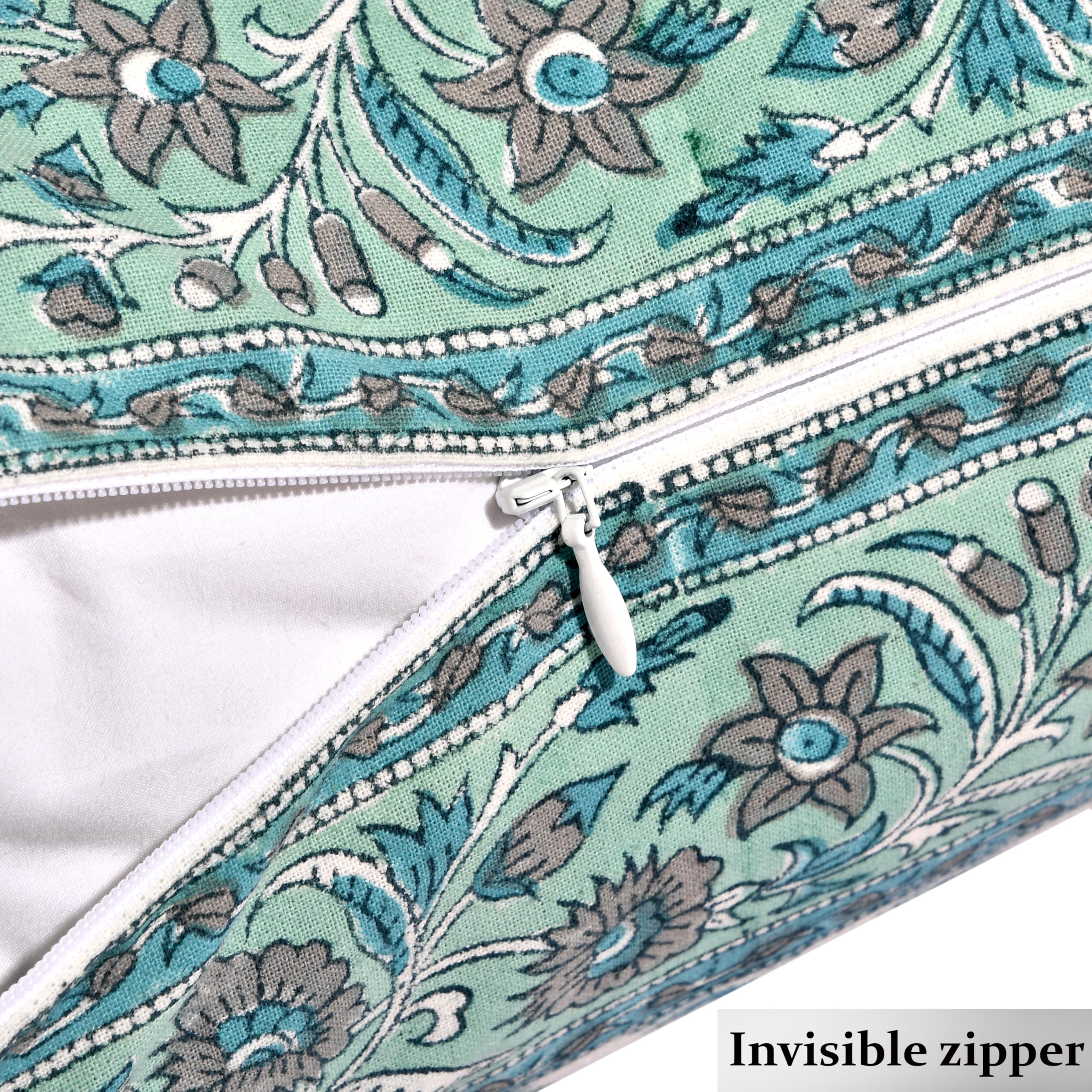Hand Block Print Cotton Throw Pillow Cover - Aquamarine Blue