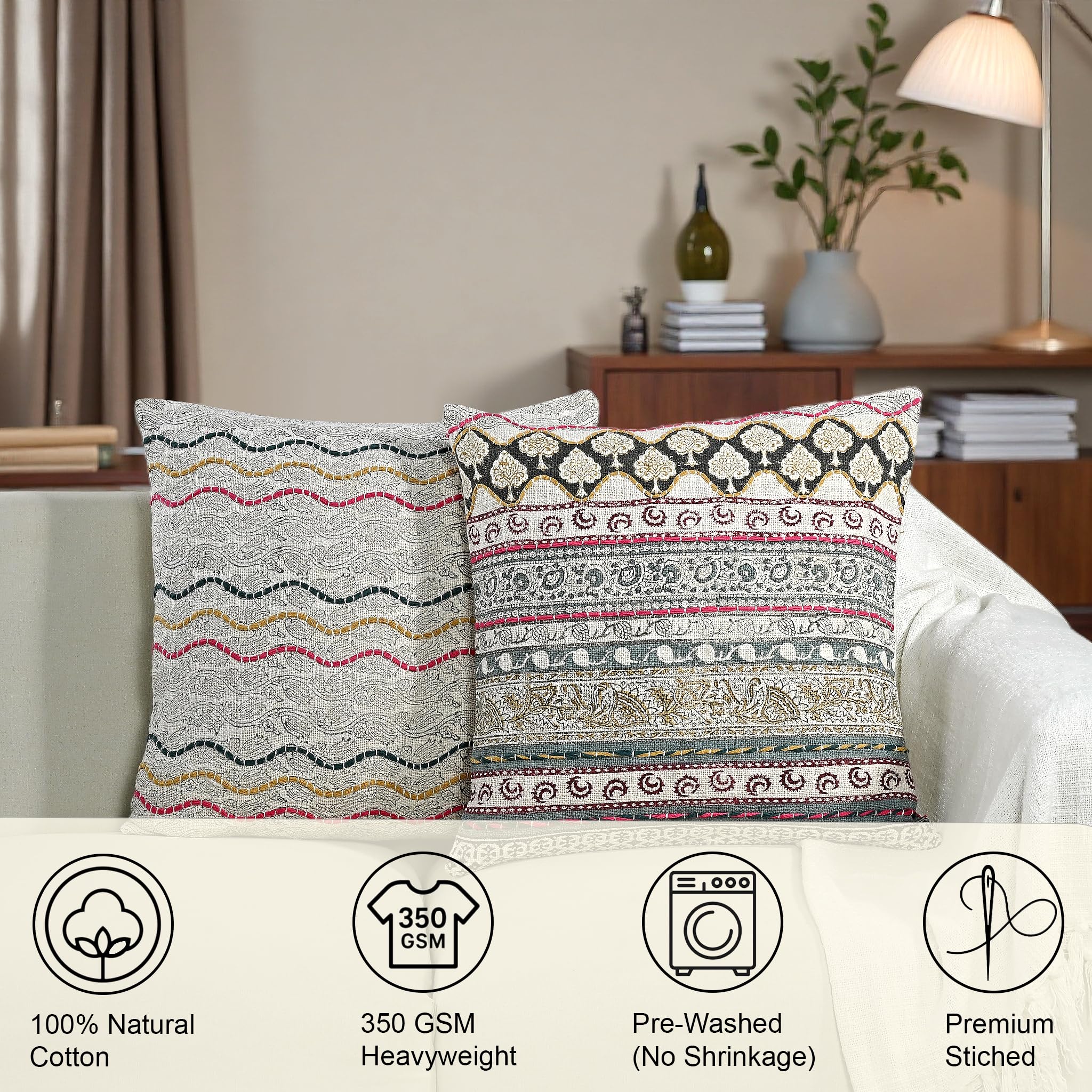 Hand Block Print Cotton Throw Pillow Cover - Neutral Ivory Grey