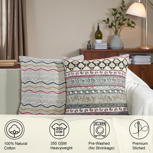 Hand Block Print Cotton Throw Pillow Cover - Neutral Ivory Grey