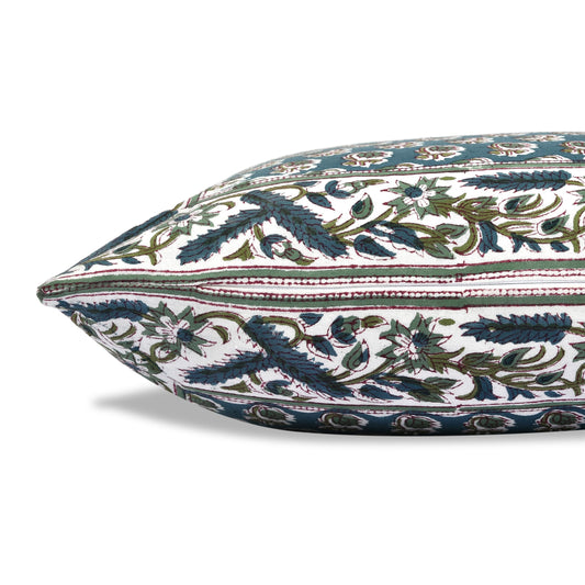 Hand Block Print Cotton Throw Pillow Cover - Peacock Blue
