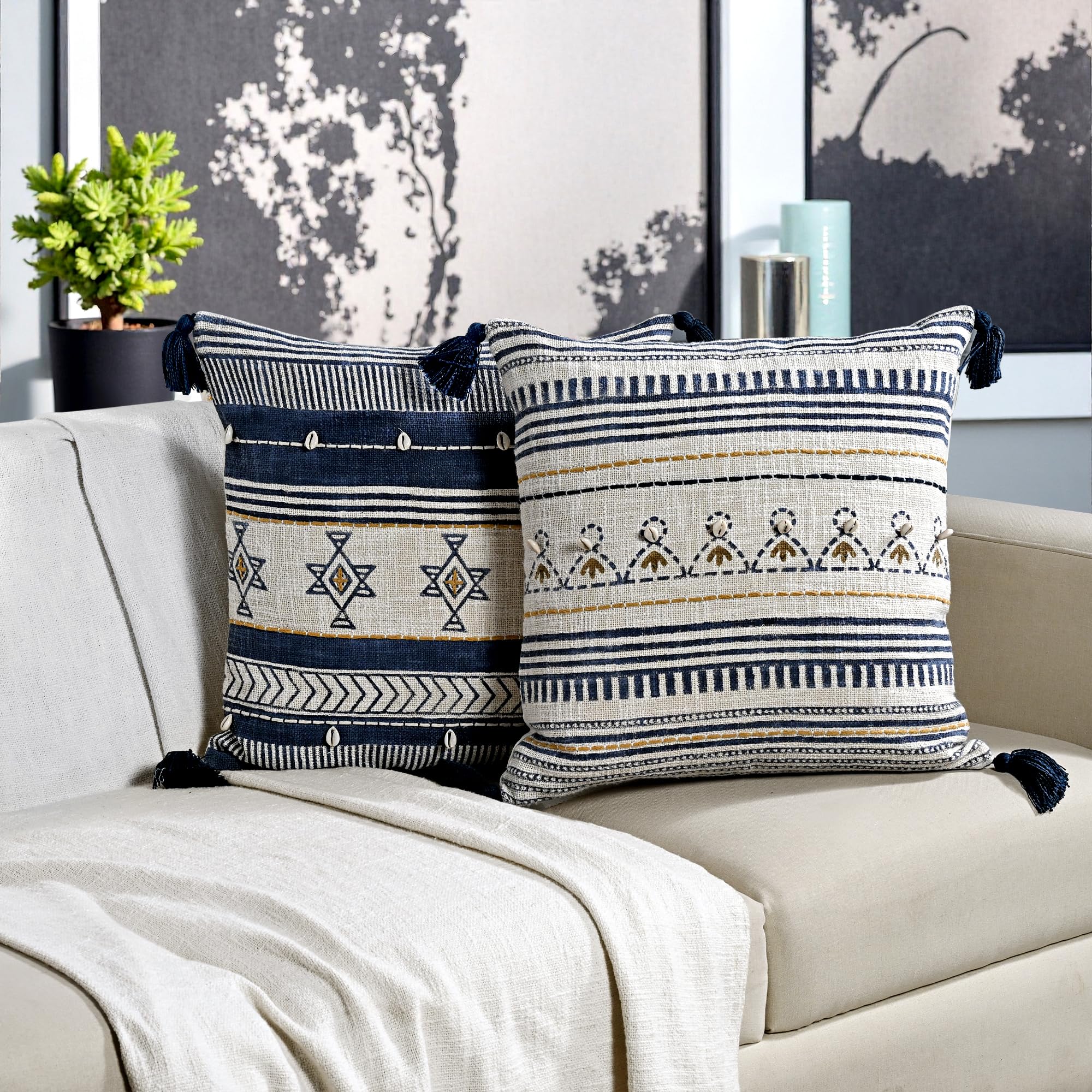 Hand Block Print Cotton Throw Pillow Cover - Off White Navy Gold
