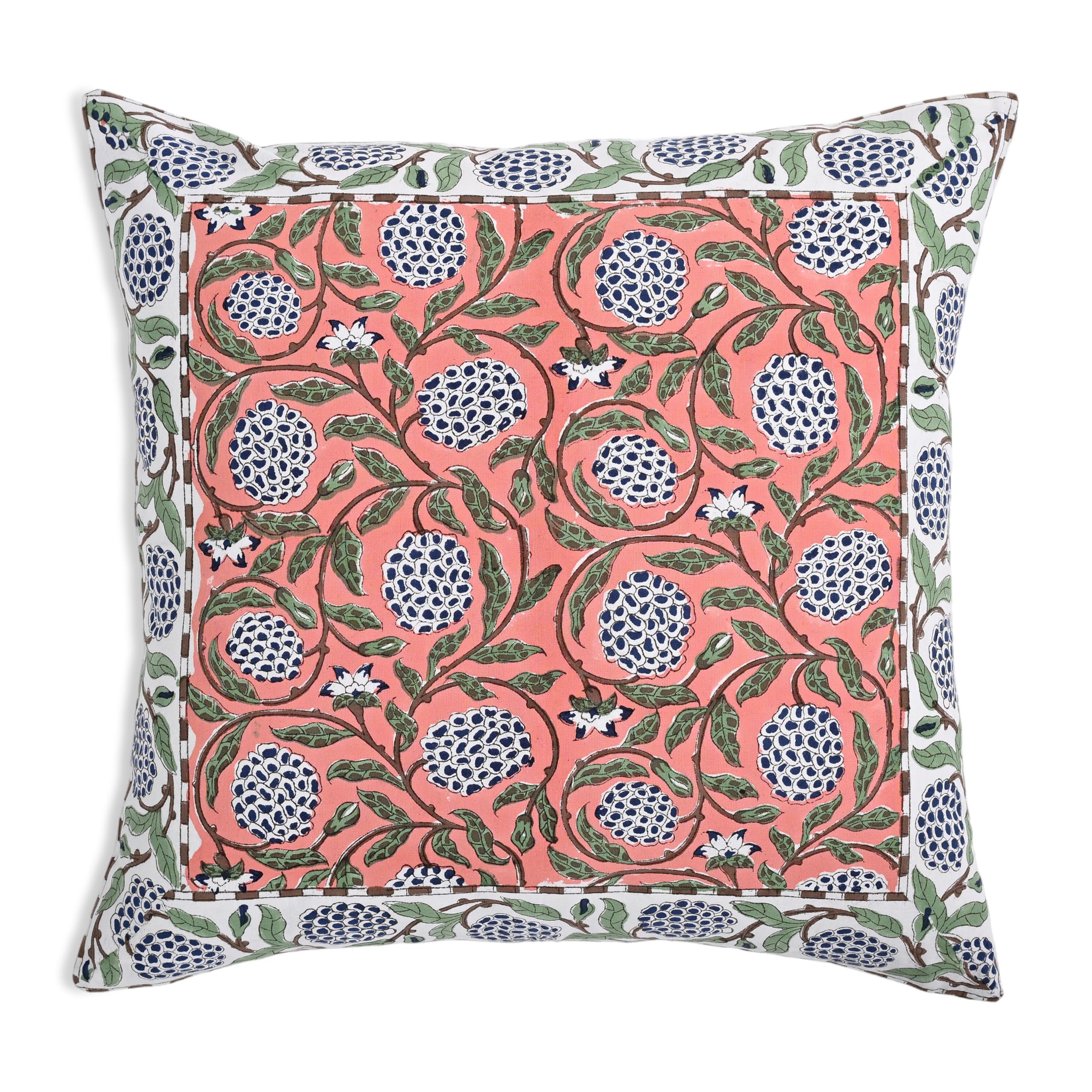 Hand Block Print Cotton Throw Pillow Cover - Dark Salmon Pink