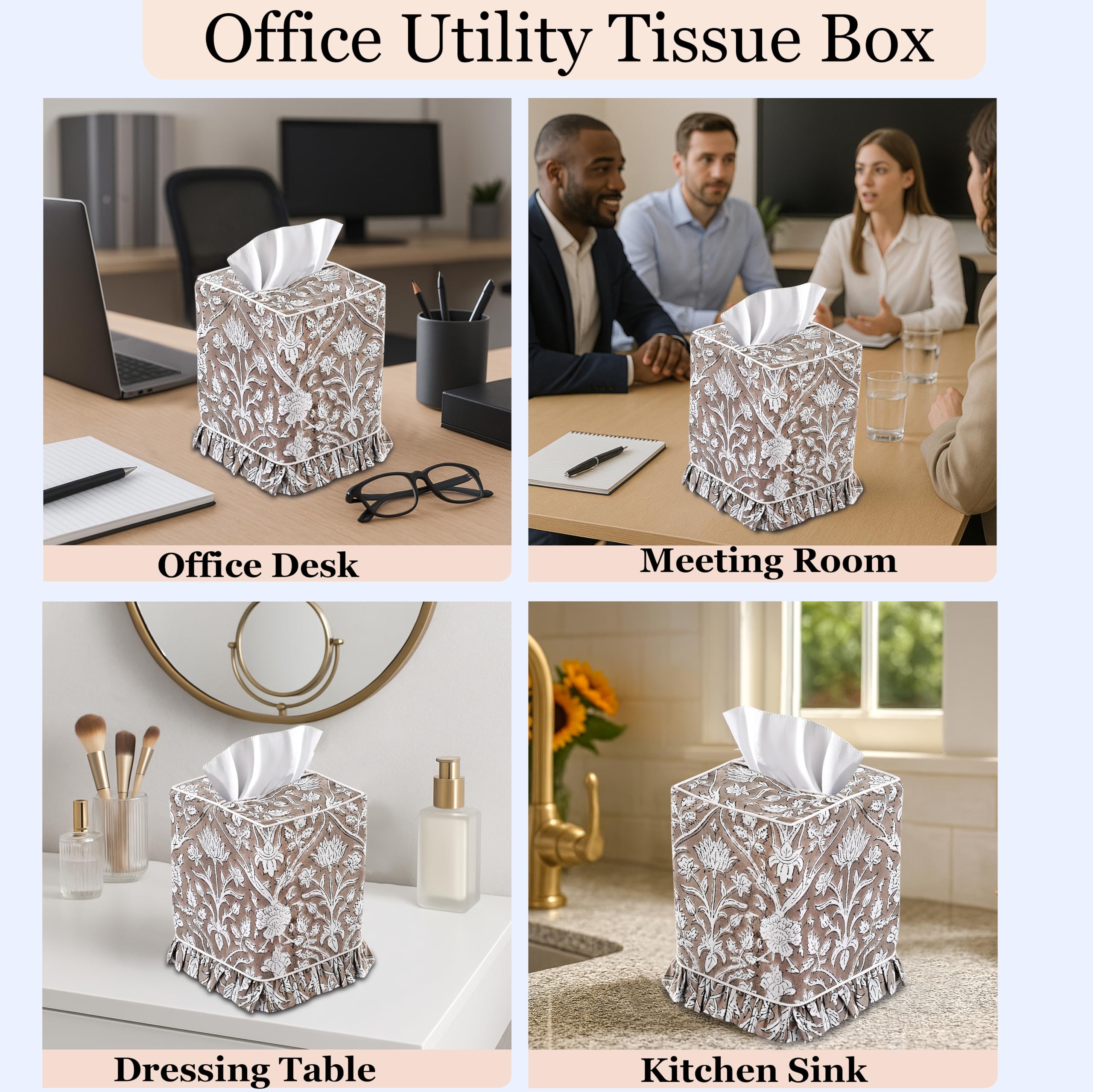 Hand Block Print Cotton Tissue Box Cover - Taupe