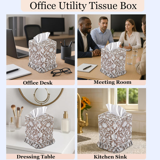 Hand Block Print Cotton Tissue Box Cover - Taupe