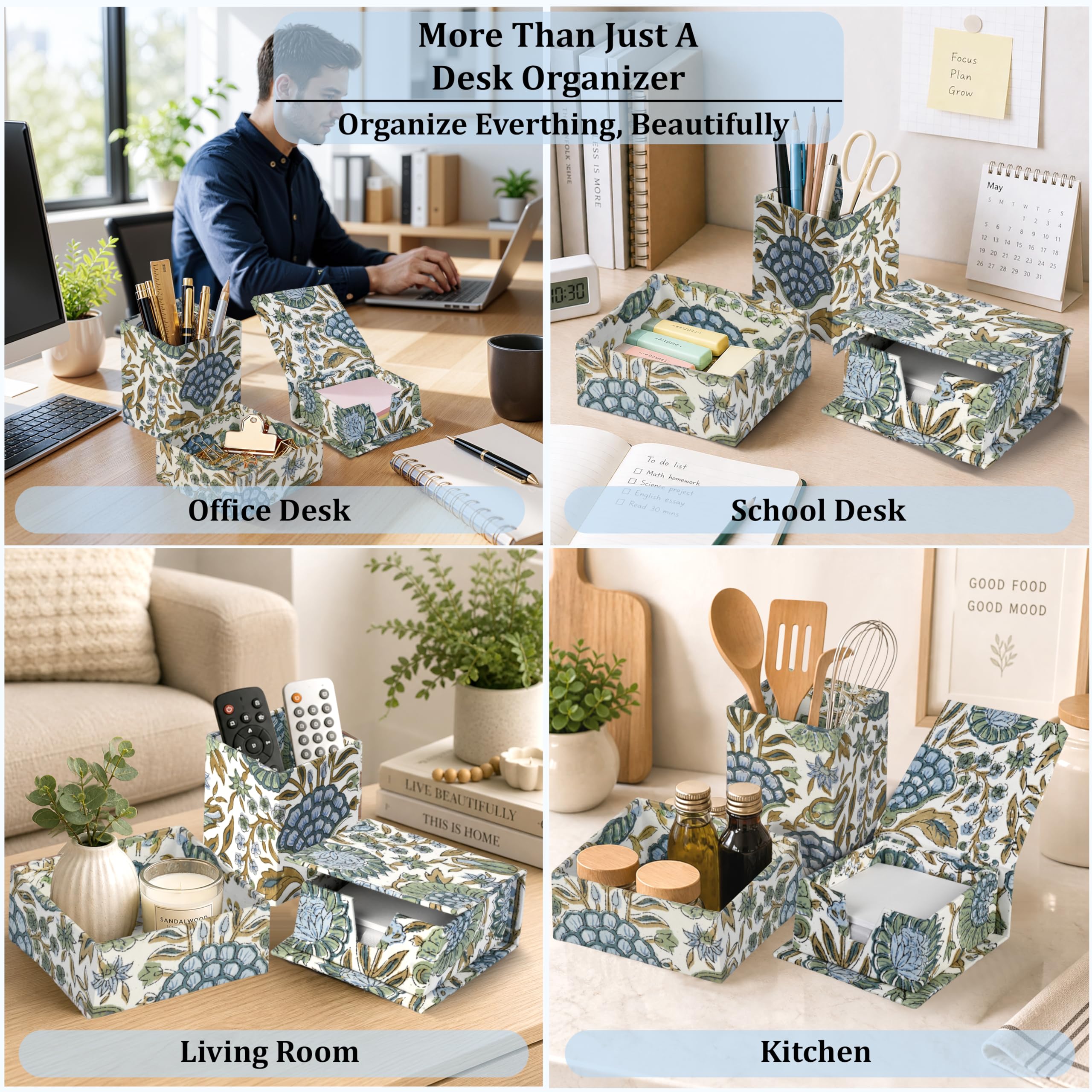 Hand Block Print Cotton Desk Organizer - Asparagus Green