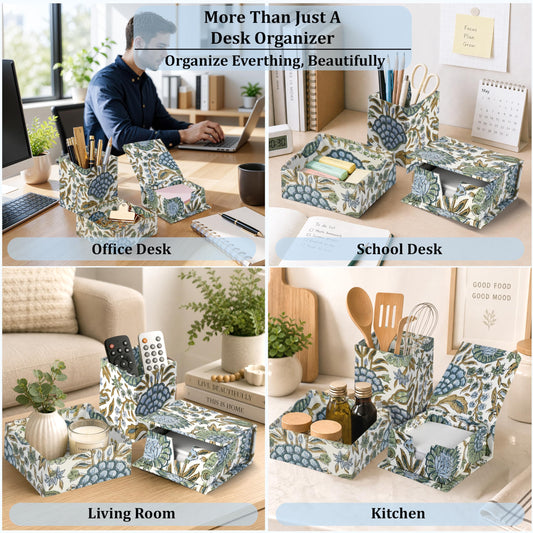 Hand Block Print Cotton Desk Organizer - Asparagus Green