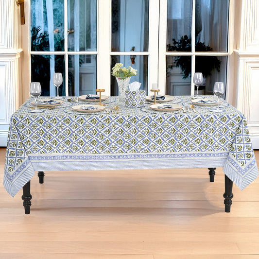 Light Steel Blue Square & Rectangle Tablecloths Ridhi Block Print