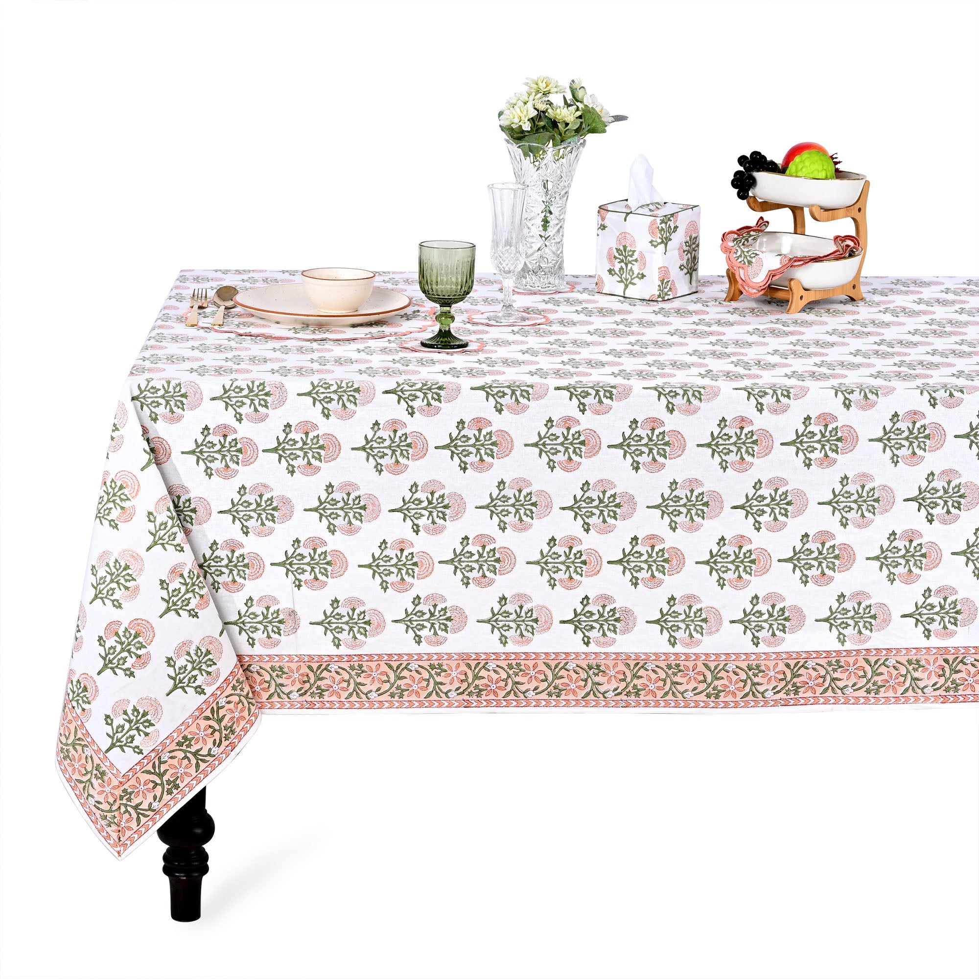 Mughal Buta Peach Rectangle Tablecloth Ridhi Block Print