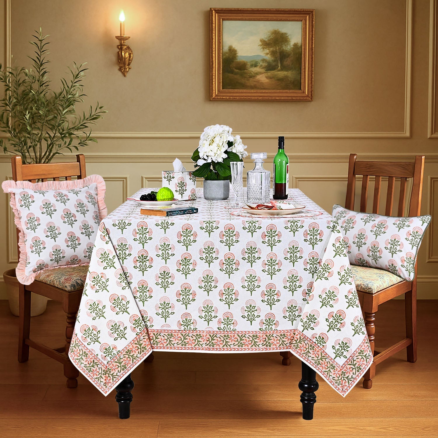 Mughal Buta Peach Rectangle Tablecloth Ridhi Block Print