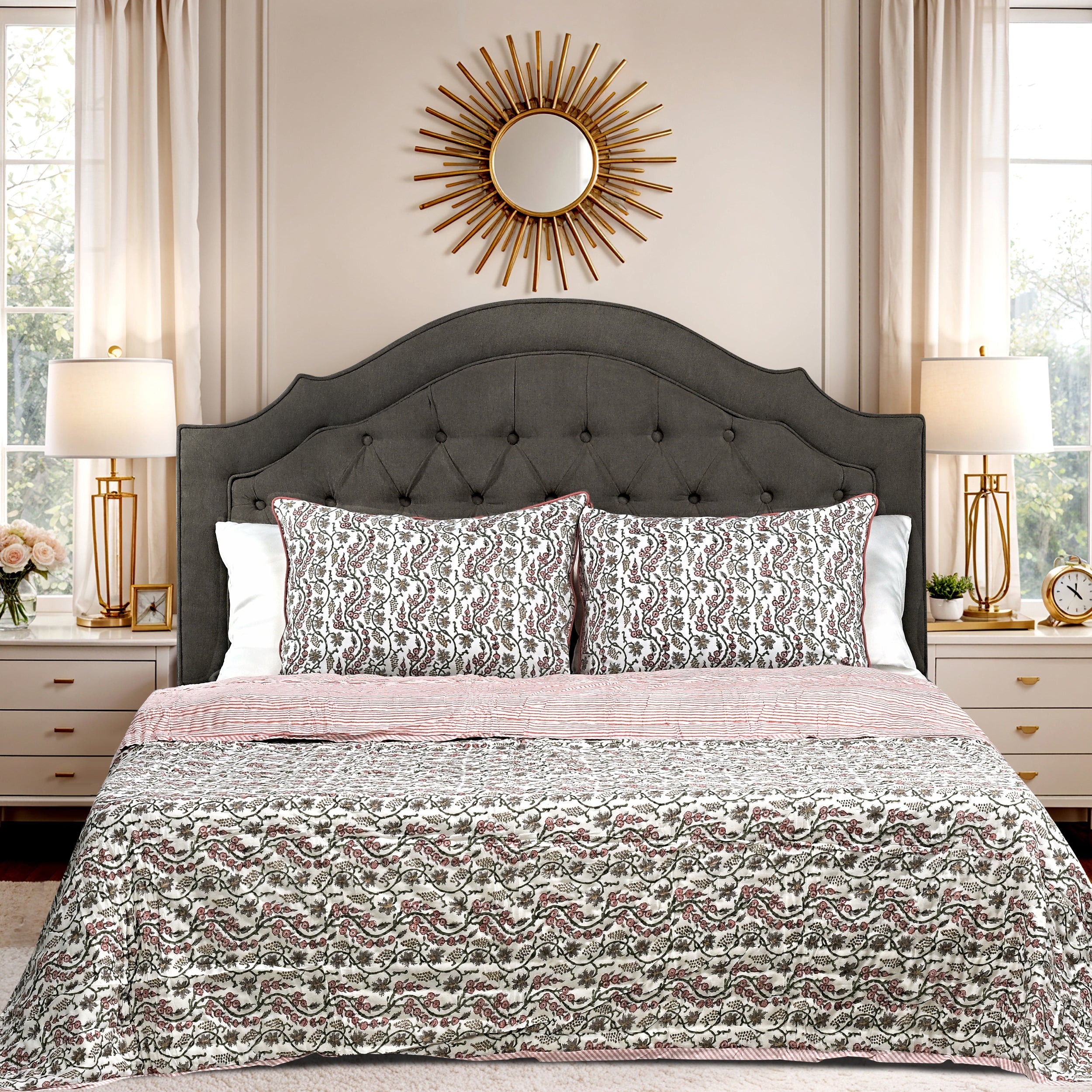 Coral Pink Quilt Ridhi Block Print