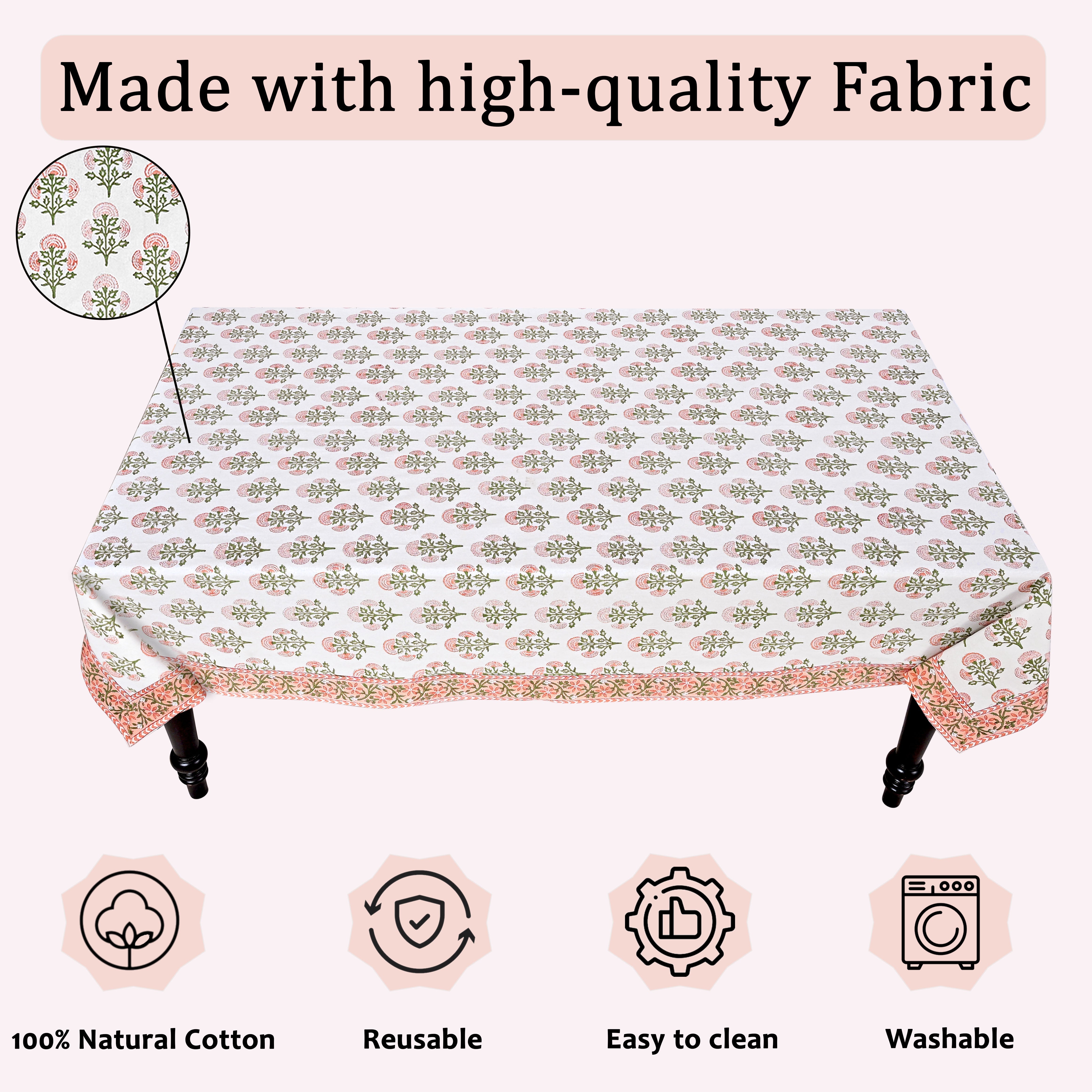 Mughal Buta Peach Rectangle Tablecloth Ridhi Block Print